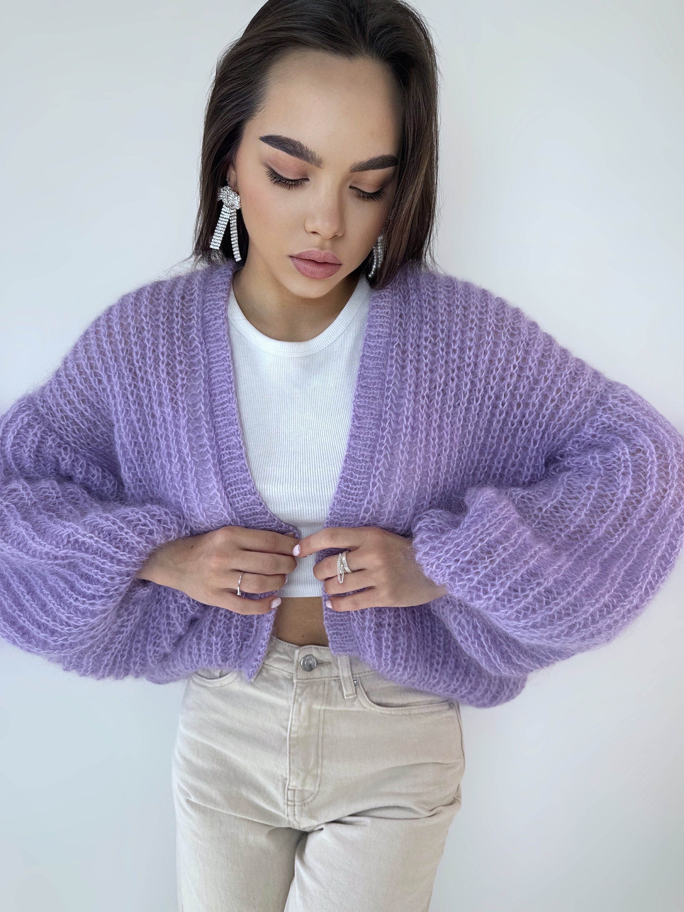 Knit mohair cardigan Mohair bolero Wedding Cardigan Wool fluffy cape Bridal jackets Knitted jacket Lilac violet mohair cable knit sweater