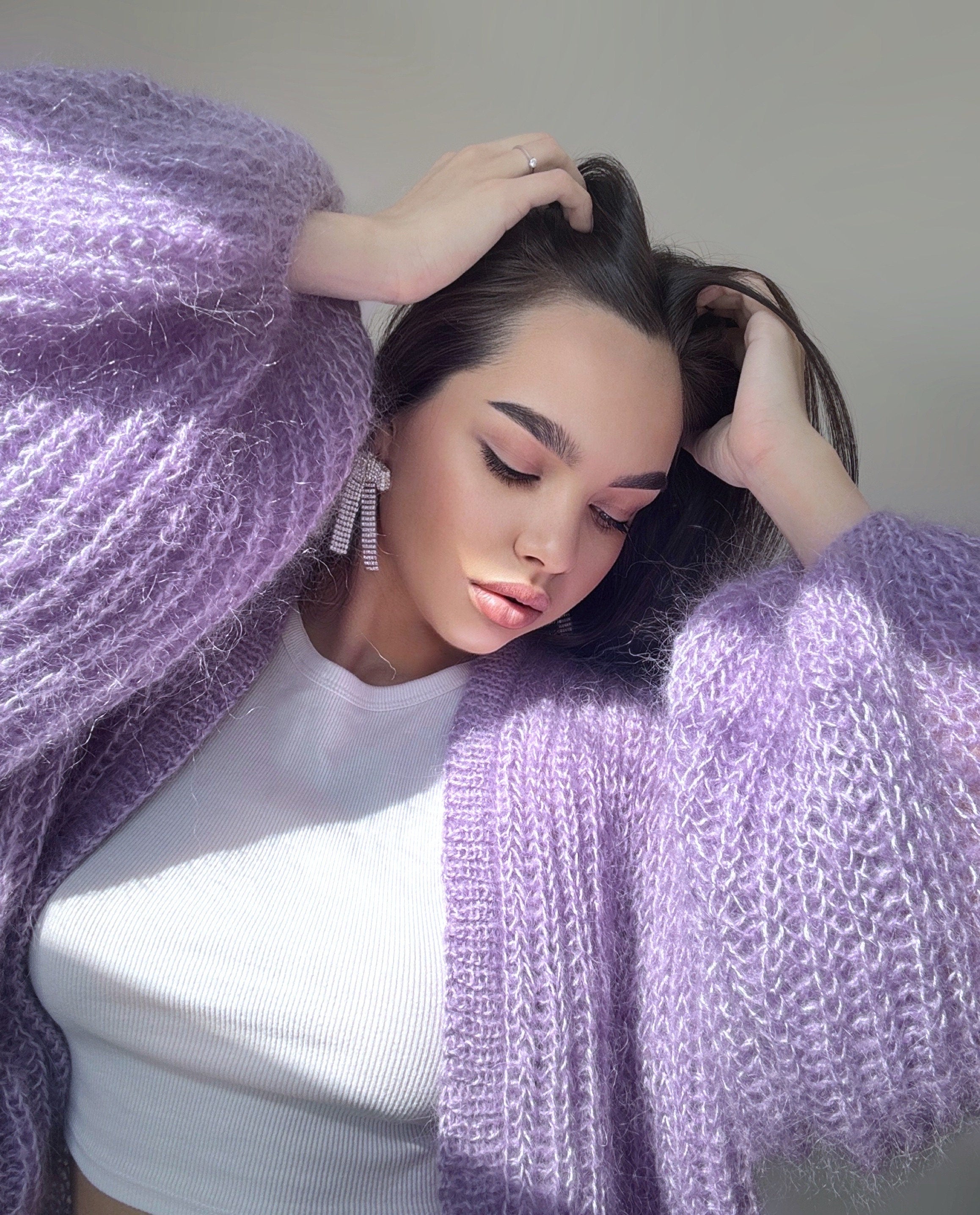 Knit mohair cardigan Mohair bolero Wedding Cardigan Wool fluffy cape Bridal jackets Knitted jacket Lilac violet mohair cable knit sweater