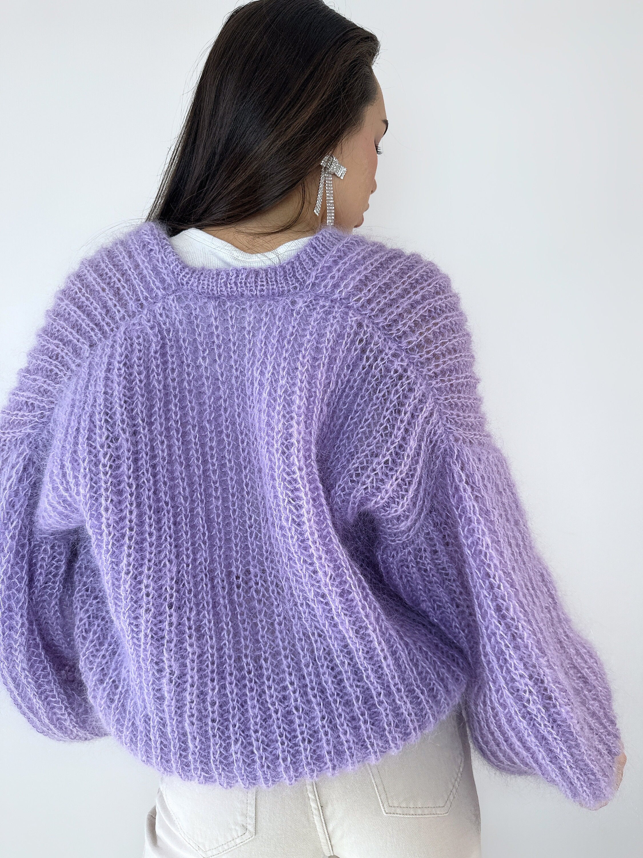 Knit mohair cardigan Mohair bolero Wedding Cardigan Wool fluffy cape Bridal jackets Knitted jacket Lilac violet mohair cable knit sweater