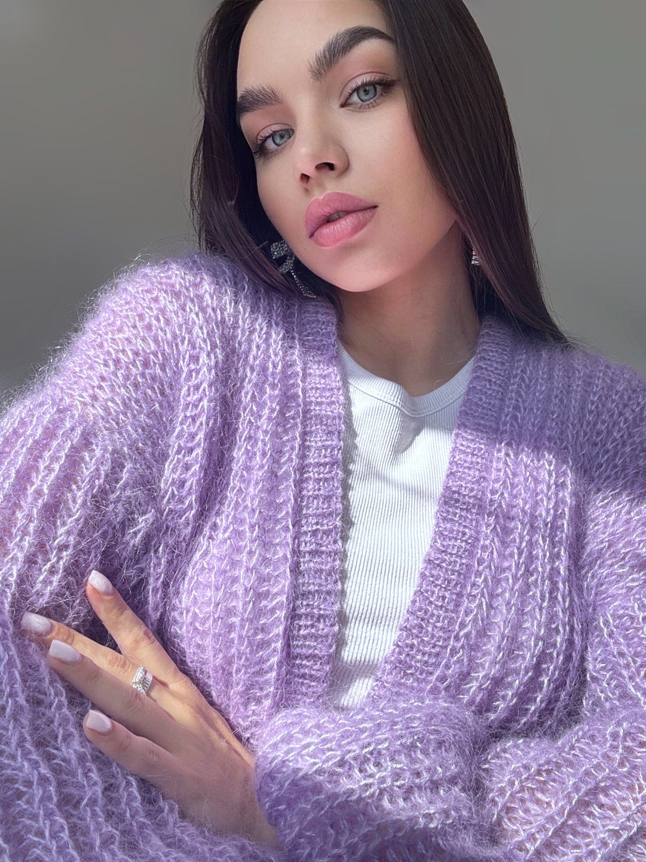 Knit mohair cardigan Mohair bolero Wedding Cardigan Wool fluffy cape Bridal jackets Knitted jacket Lilac violet mohair cable knit sweater