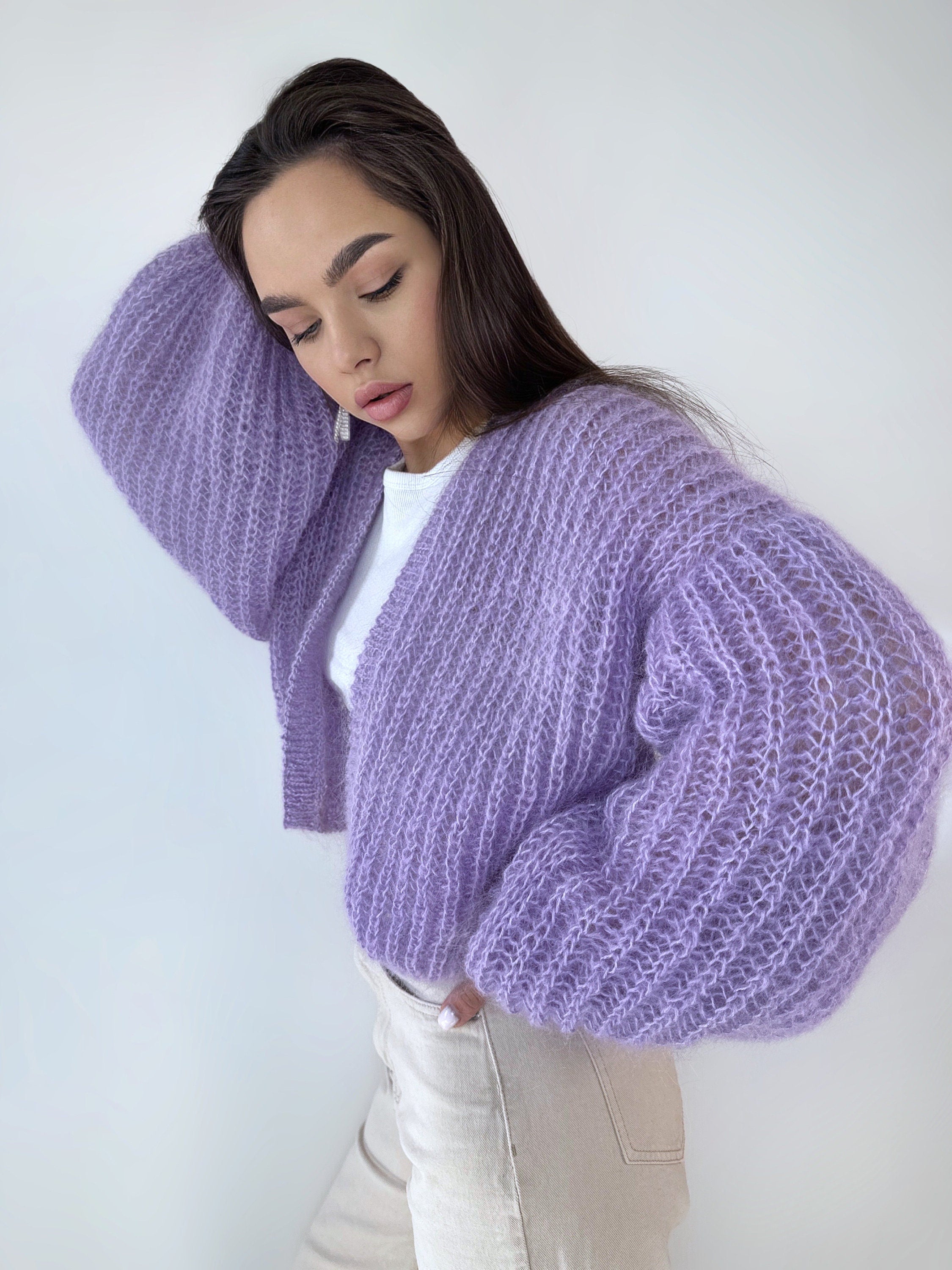 Knit mohair cardigan Mohair bolero Wedding Cardigan Wool fluffy cape Bridal jackets Knitted jacket Lilac violet mohair cable knit sweater