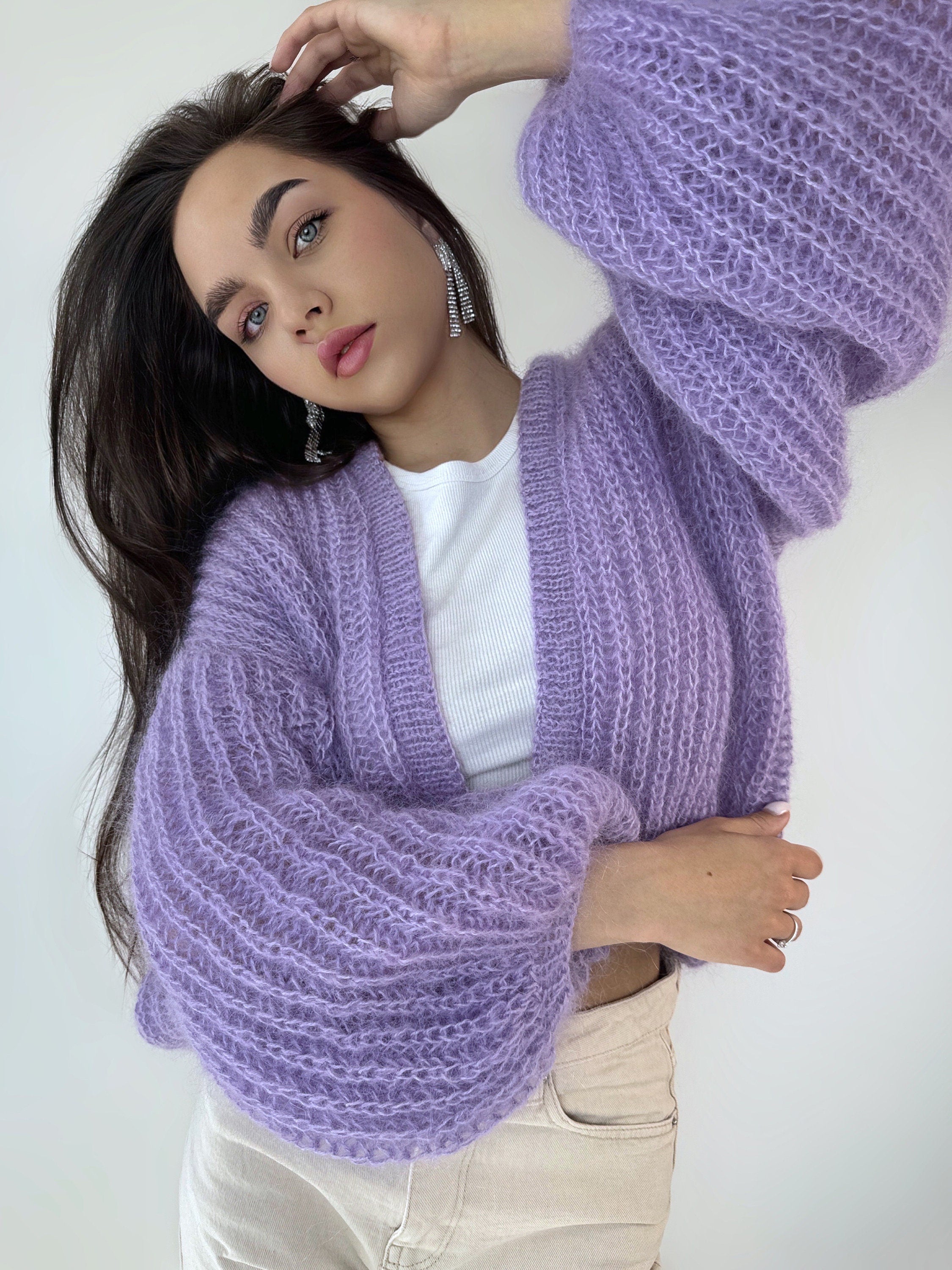Knit mohair cardigan Mohair bolero Wedding Cardigan Wool fluffy cape Bridal jackets Knitted jacket Lilac violet mohair cable knit sweater