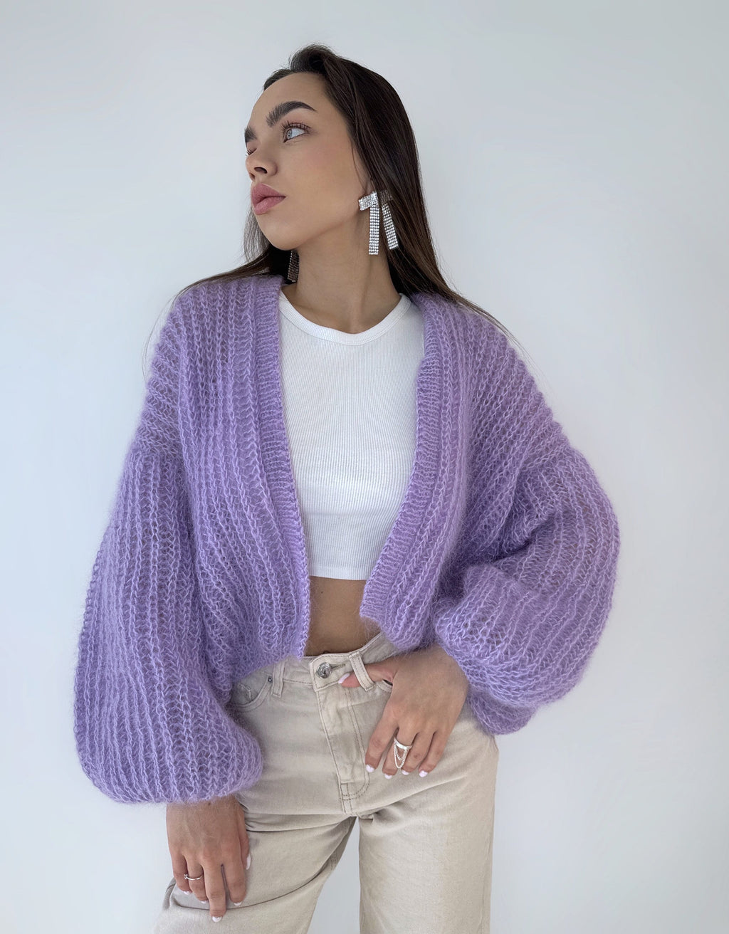 Knit mohair cardigan Mohair bolero Wedding Cardigan Wool fluffy cape Bridal jackets Knitted jacket Lilac violet mohair cable knit sweater