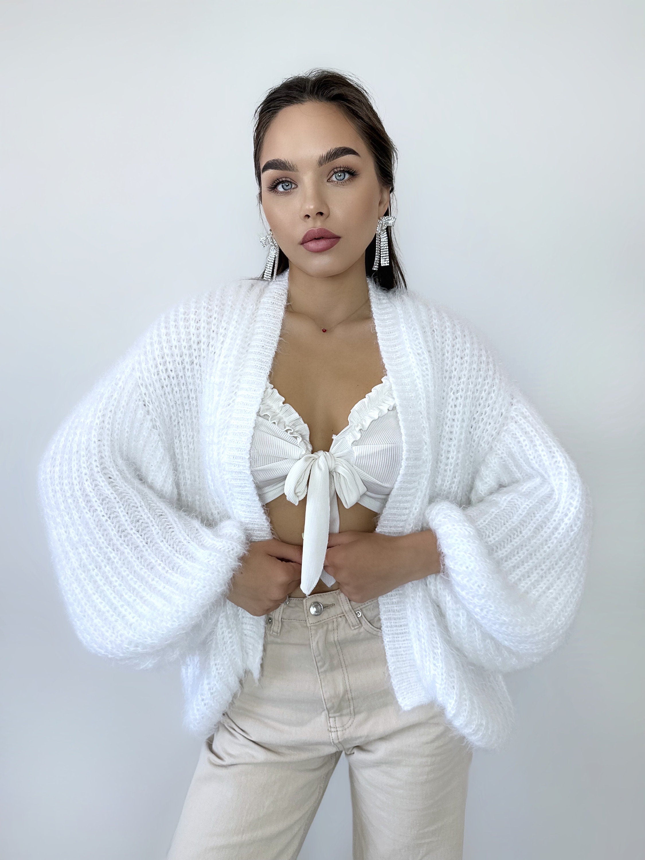 Wool free cardigan women Wedding cardiganWool substitute sweater White knitted coat Jacket Women Bridal shrug bolero Fluffy short cardigan