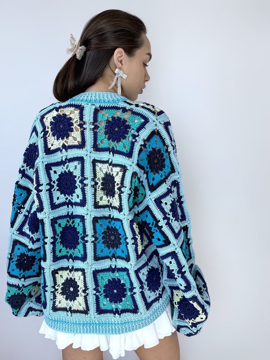 Crochet colorful organc cotton blue green granny square cardigan Floral Patchwork bomber women Jacket coat Boho cardigan Afghan Coat Festiva