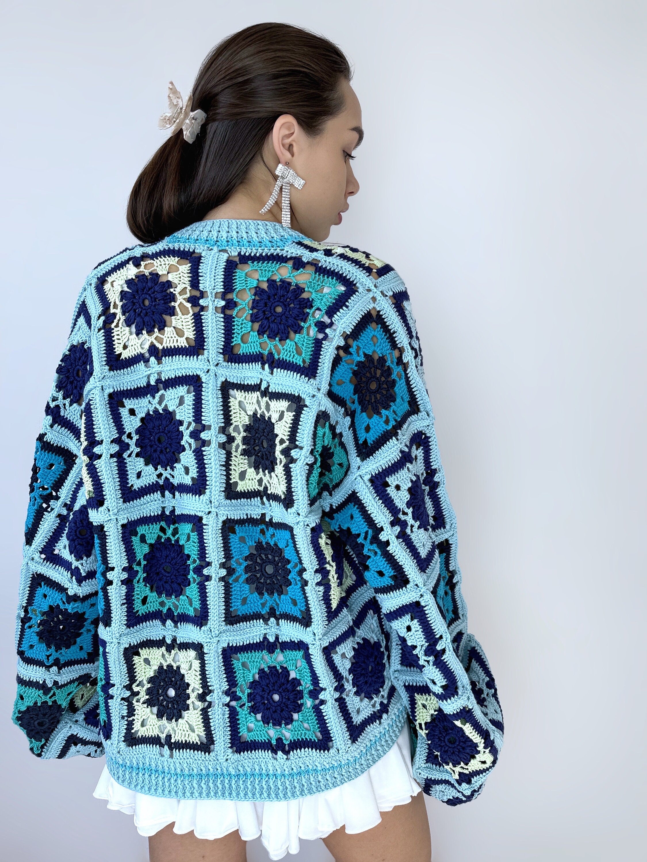 Crochet colorful organc cotton blue green granny square cardigan Floral Patchwork bomber women Jacket coat Boho cardigan Afghan Coat Festiva