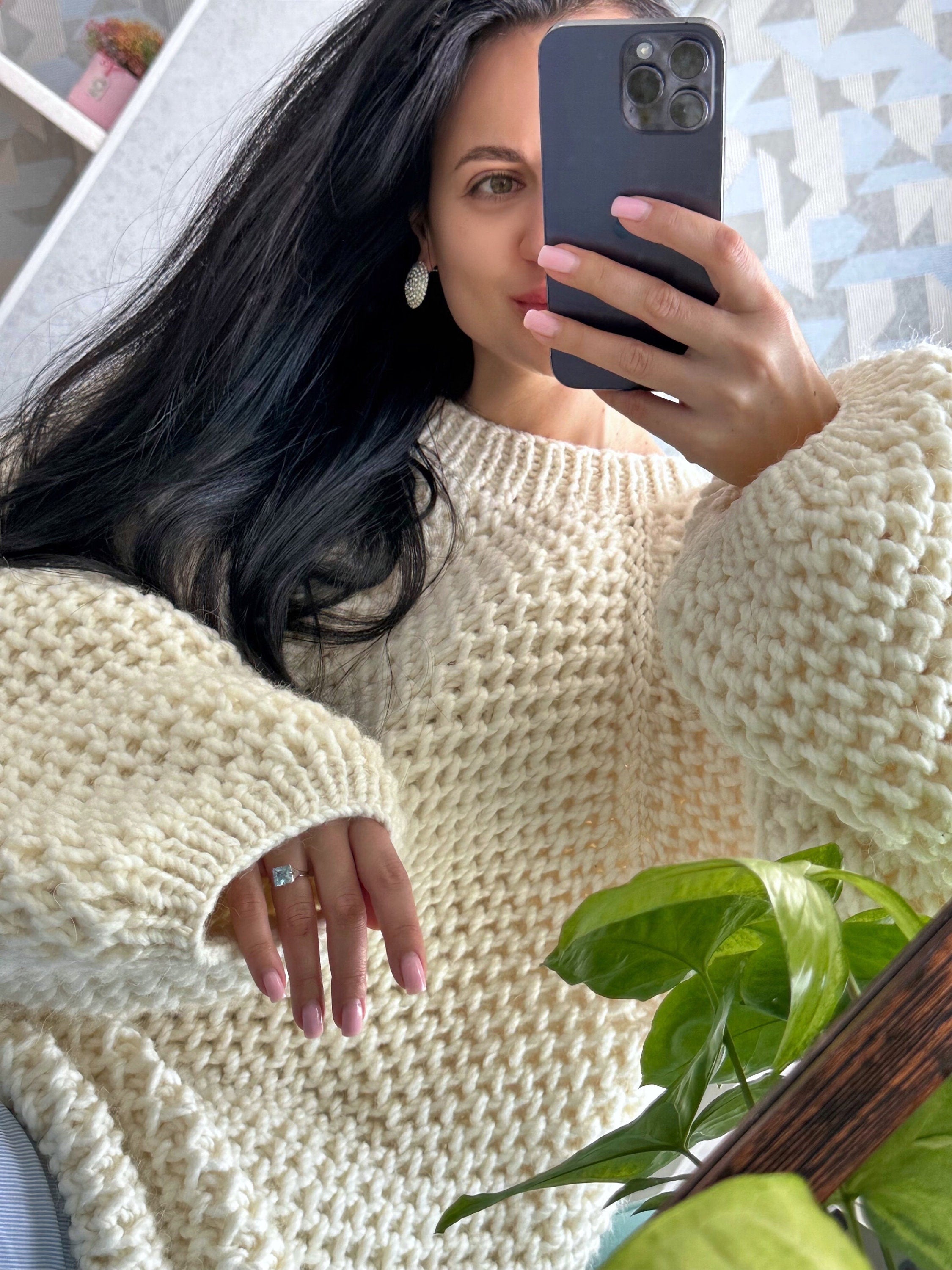 Big warm chunky hand knit alpaca wool milk cream sweater Cocoon unisex sweater Cable knit pullover Loose fit Cozy pastel sweater dress