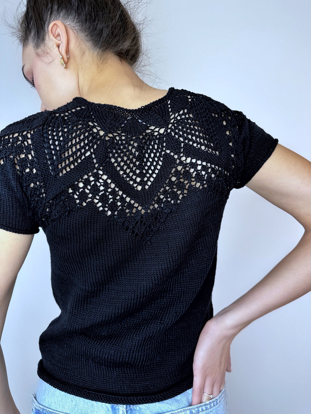 Knit cotton openwork top T-shirt women Slim Black Sweater short-sleeve Eco Friendly Pullover Knitted Cape Bridal sweater Croche pullover
