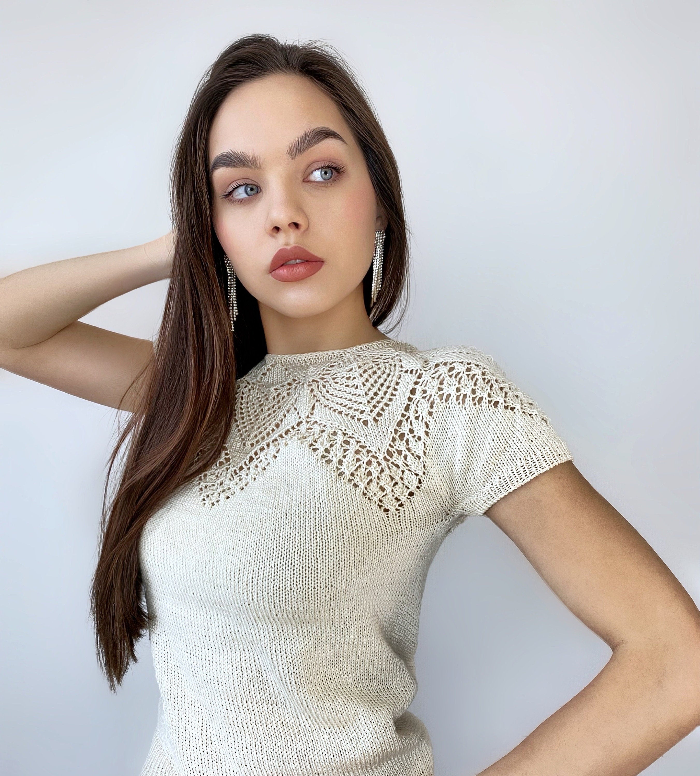 Knit cotton openwork top T-shirt women Slim Black Sweater short-sleeve Eco Friendly Pullover Knitted Cape Bridal sweater Croche pullover