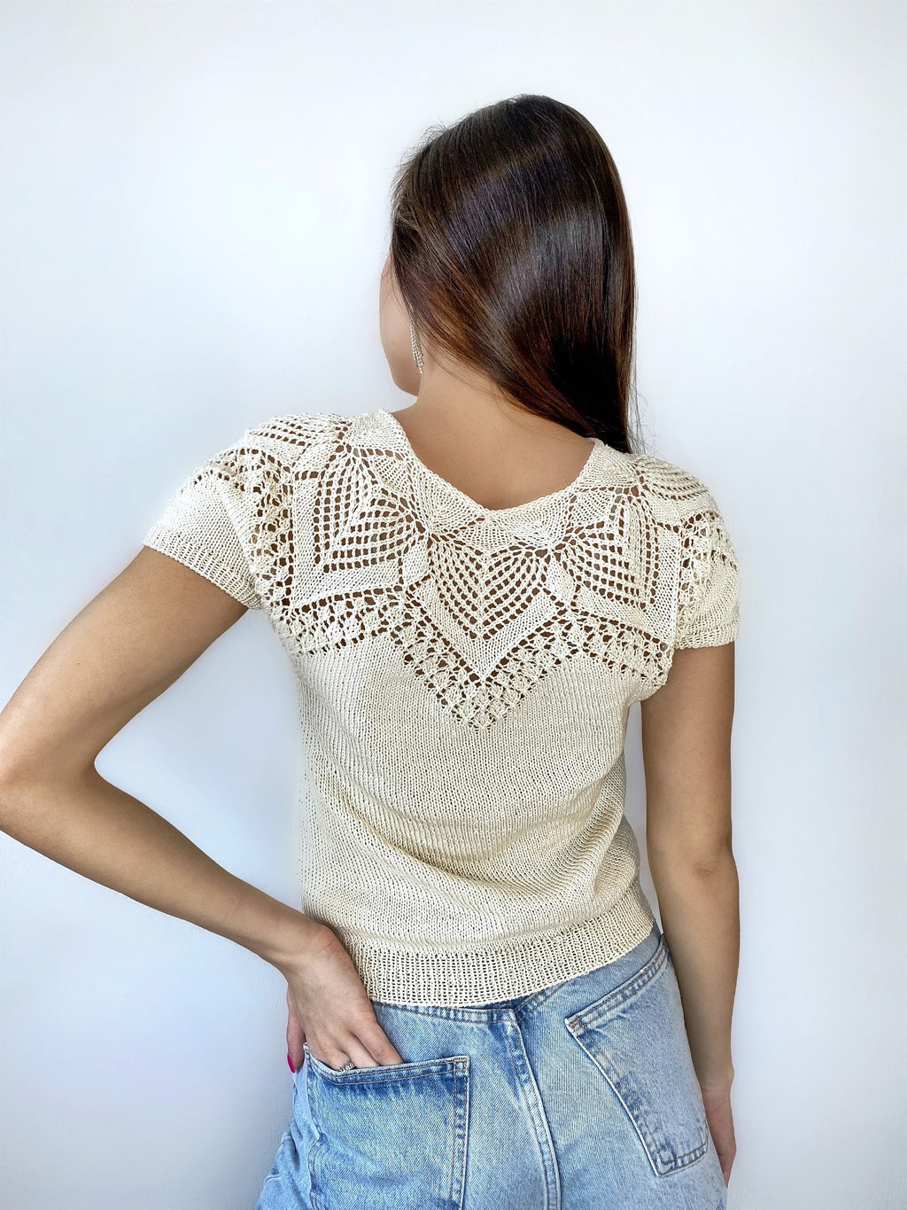 Knit cotton openwork top T-shirt women Slim Black Sweater short-sleeve Eco Friendly Pullover Knitted Cape Bridal sweater Croche pullover
