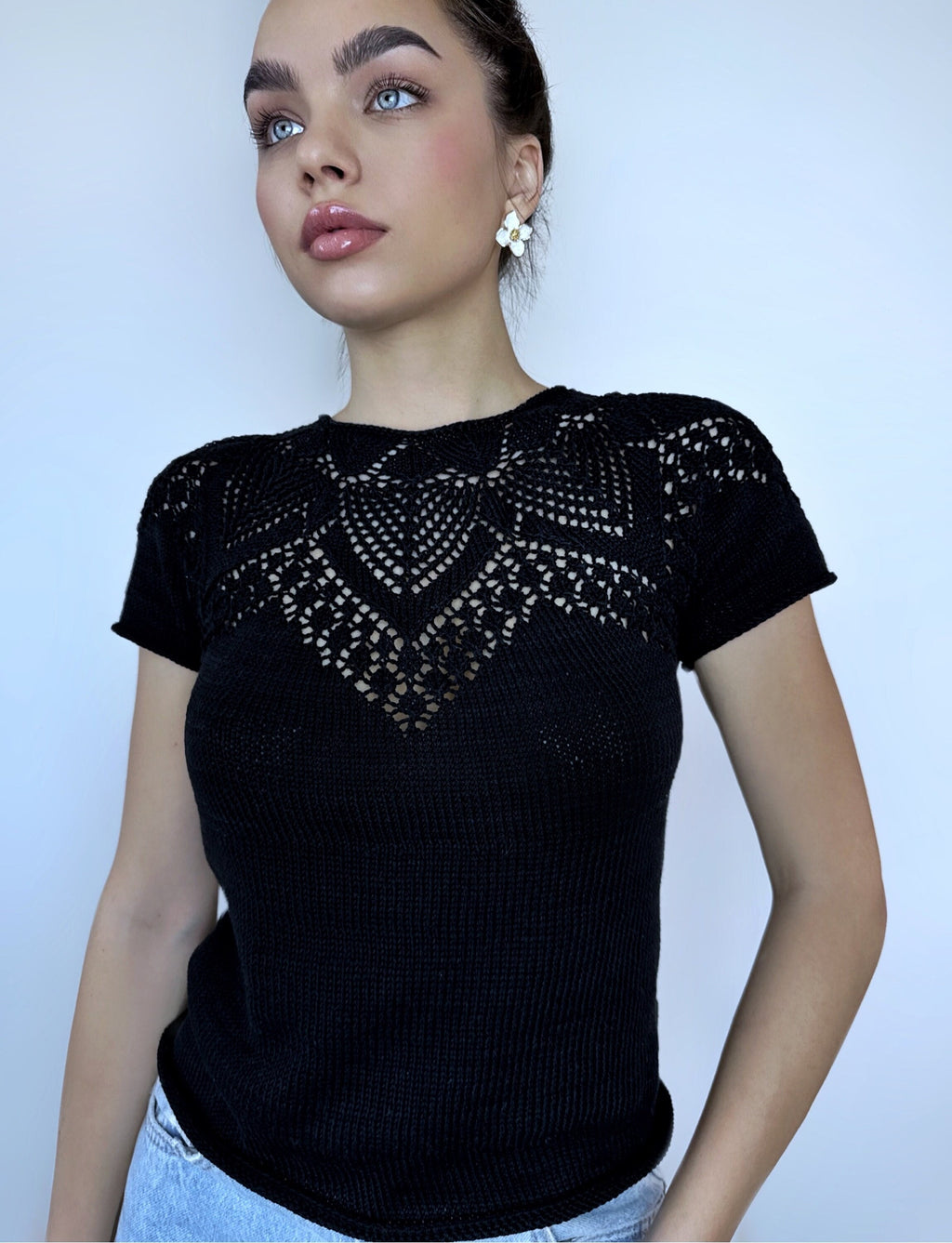 Knit cotton openwork top T-shirt women Slim Black Sweater short-sleeve Eco Friendly Pullover Knitted Cape Bridal sweater Croche pullover