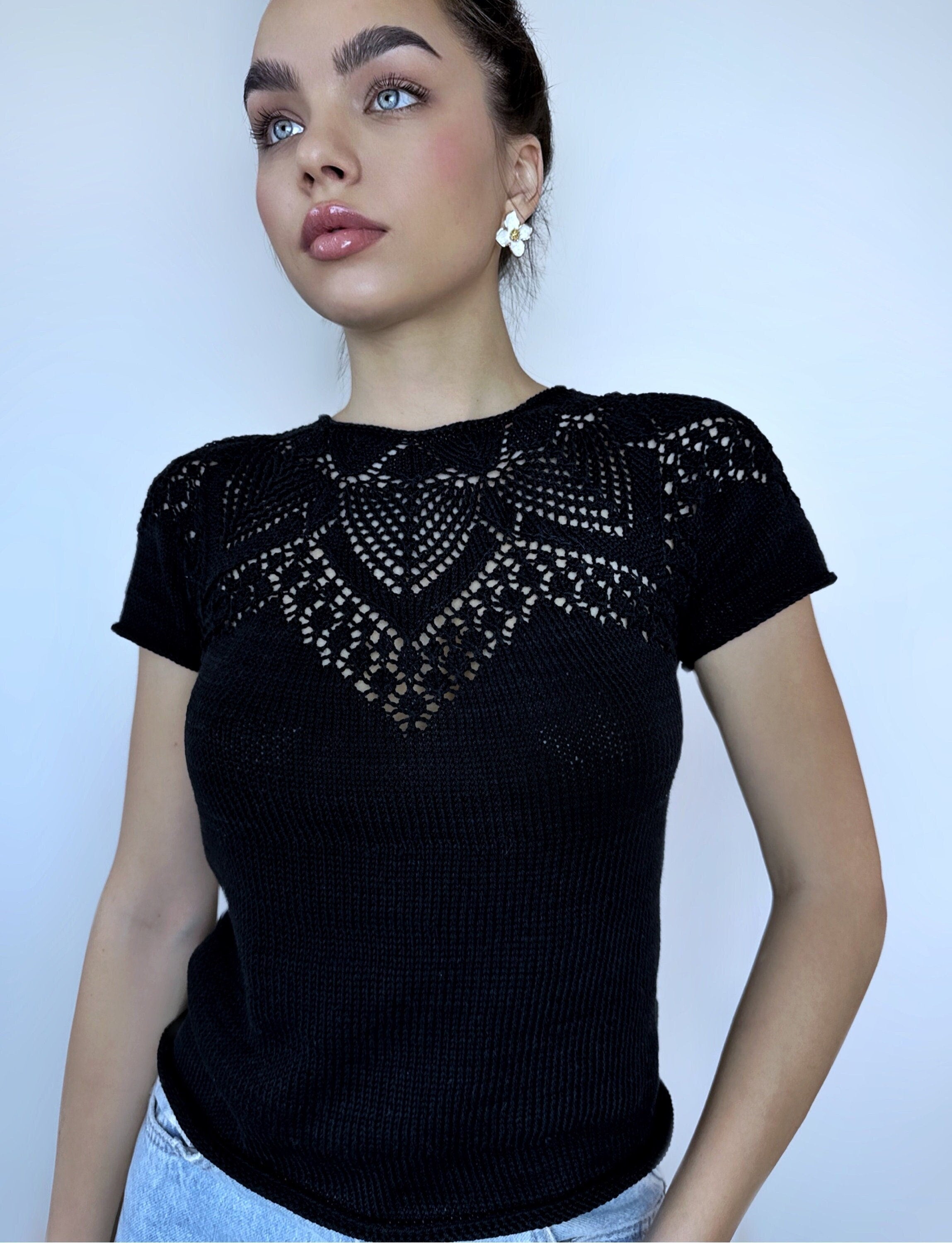 Knit cotton openwork top T-shirt women Slim Black Sweater short-sleeve Eco Friendly Pullover Knitted Cape Bridal sweater Croche pullover