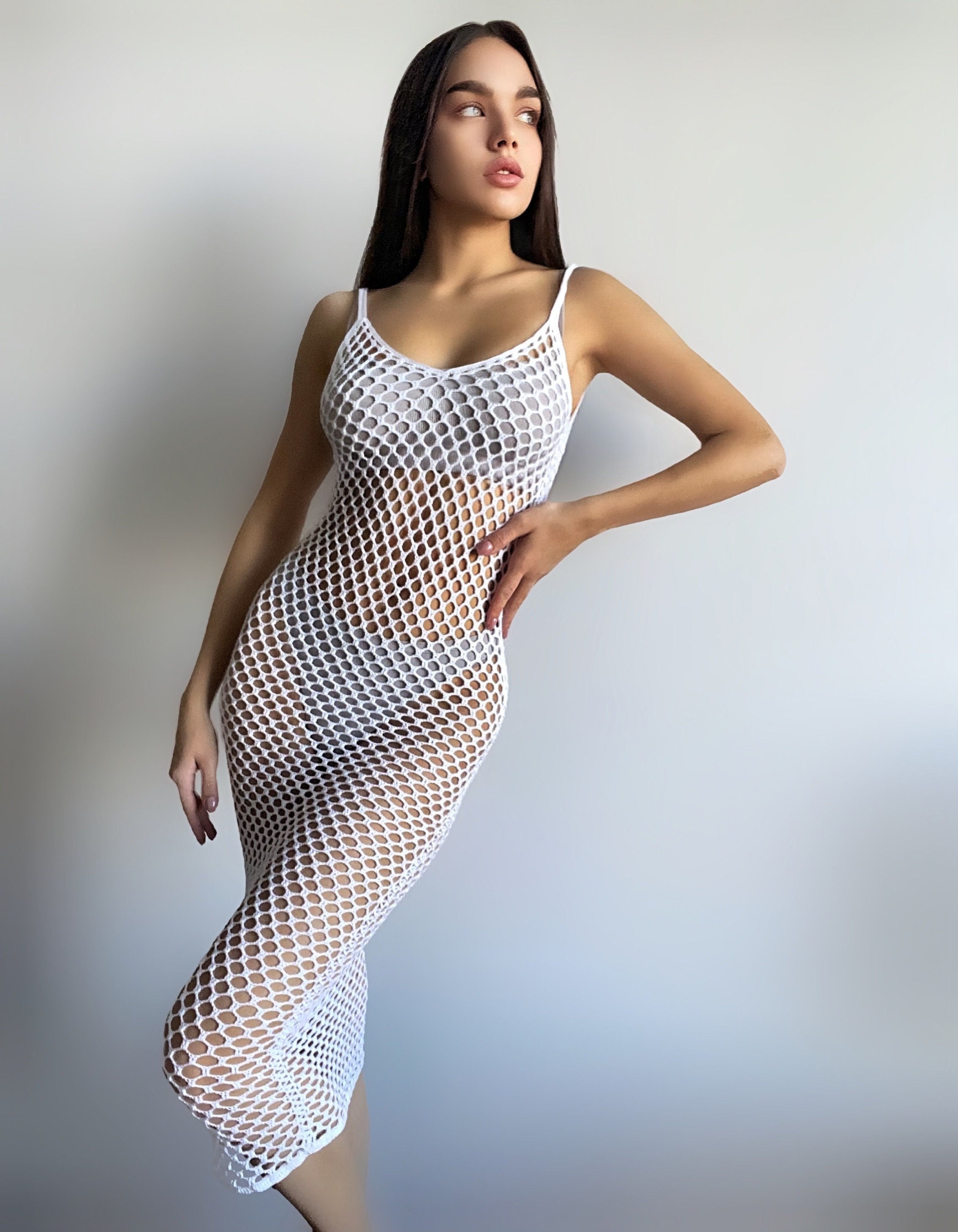 Sexy crochet white midi beach cover up women sexy mesh beach dress White beige wedding coverup Fishnet dress Summer Tunic Fishnet lingerie