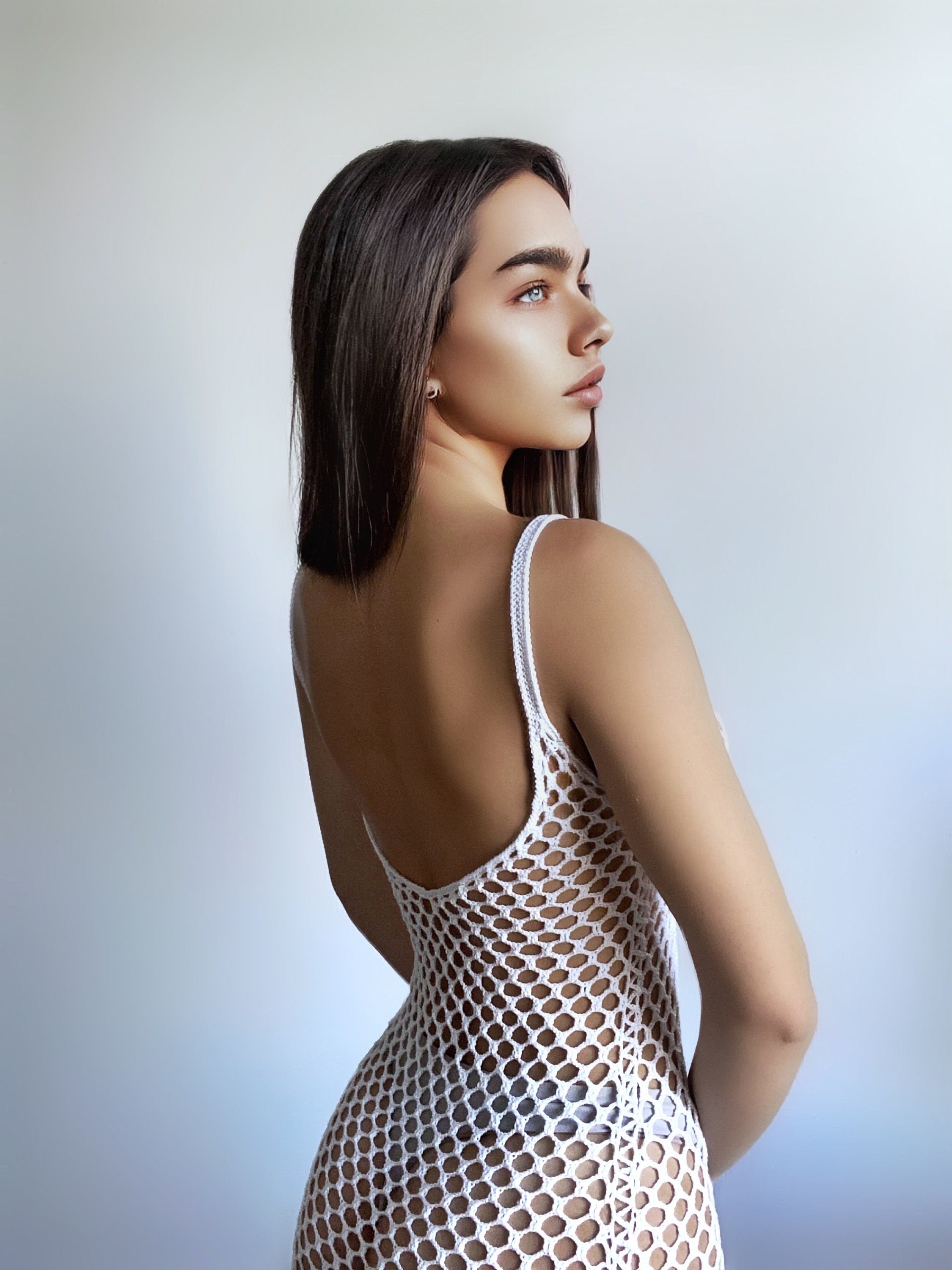 Sexy crochet white midi beach cover up women sexy mesh beach dress White beige wedding coverup Fishnet dress Summer Tunic Fishnet lingerie
