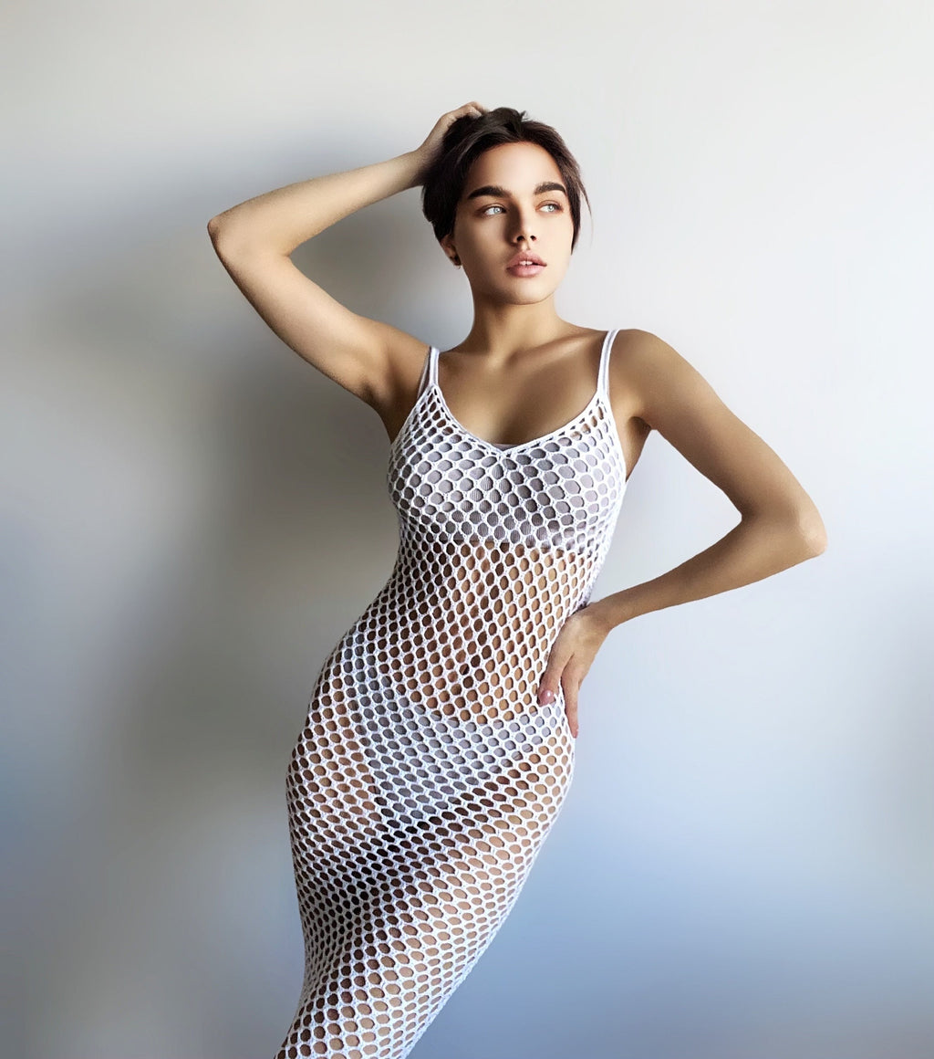 Sexy crochet white midi beach cover up women sexy mesh beach dress White beige wedding coverup Fishnet dress Summer Tunic Fishnet lingerie