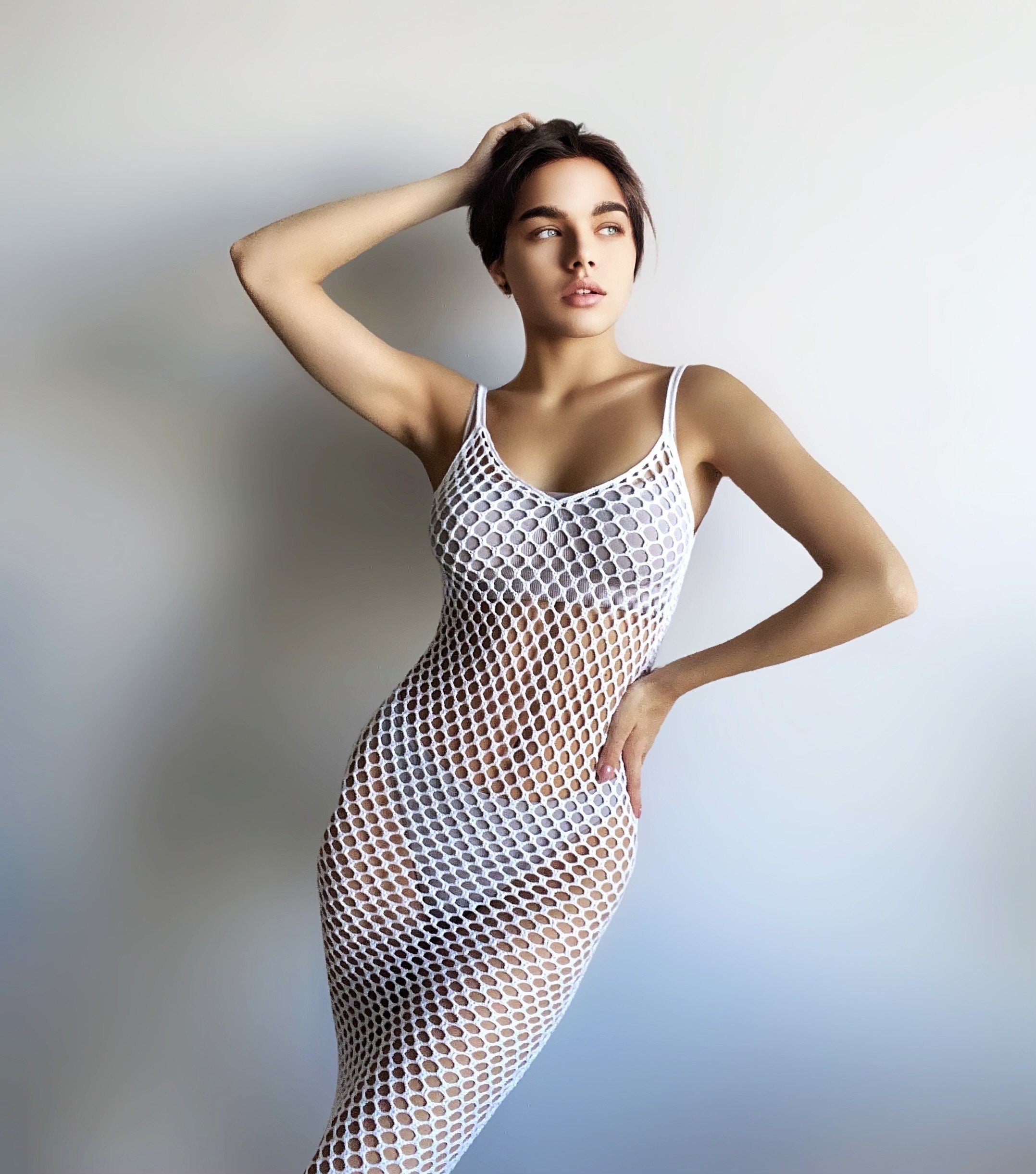 Sexy crochet white midi beach cover up women sexy mesh beach dress White beige wedding coverup Fishnet dress Summer Tunic Fishnet lingerie