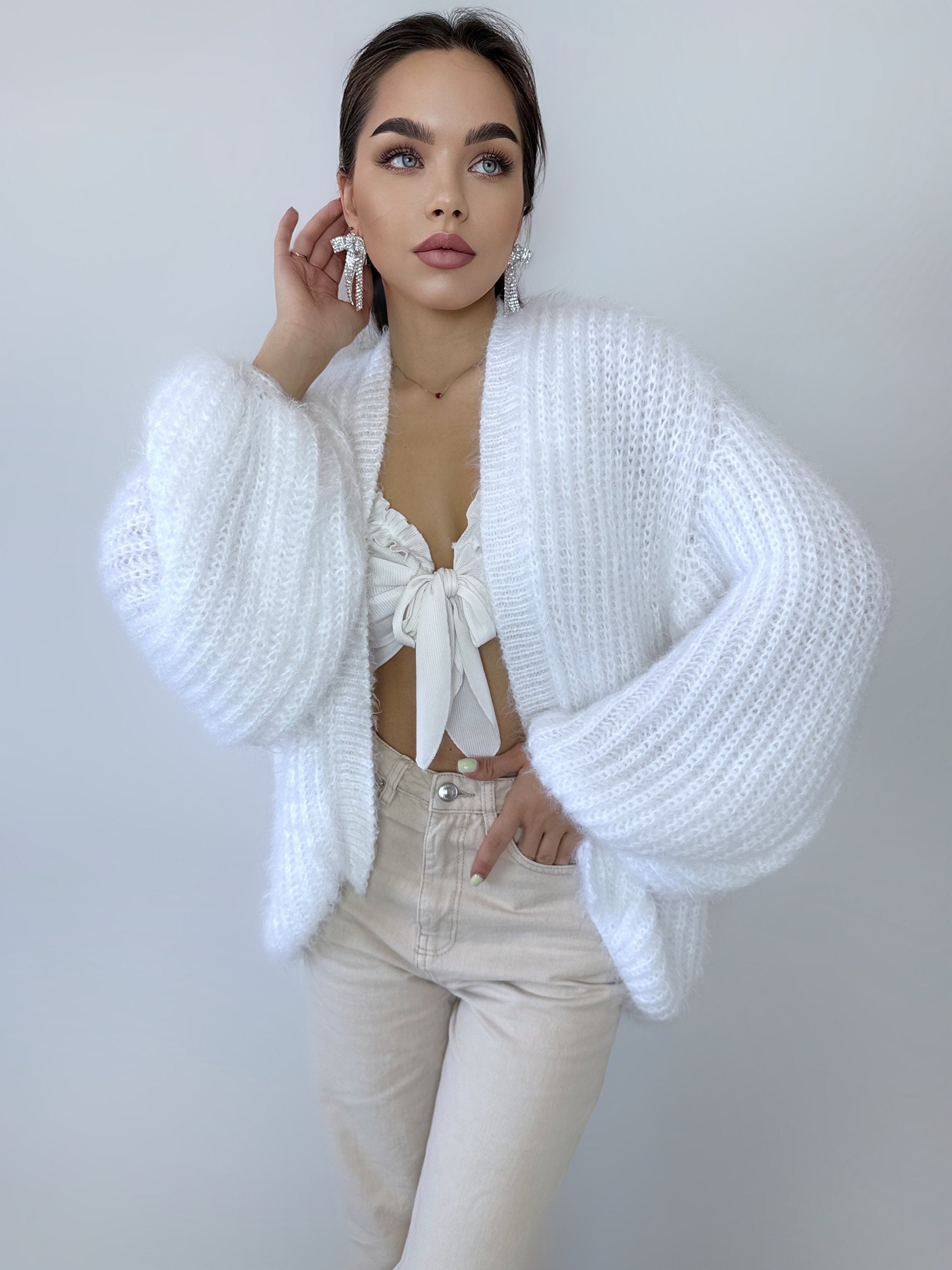 Wool free cardigan women Wedding cardiganWool substitute sweater White knitted coat Jacket Women Bridal shrug bolero Fluffy short cardigan