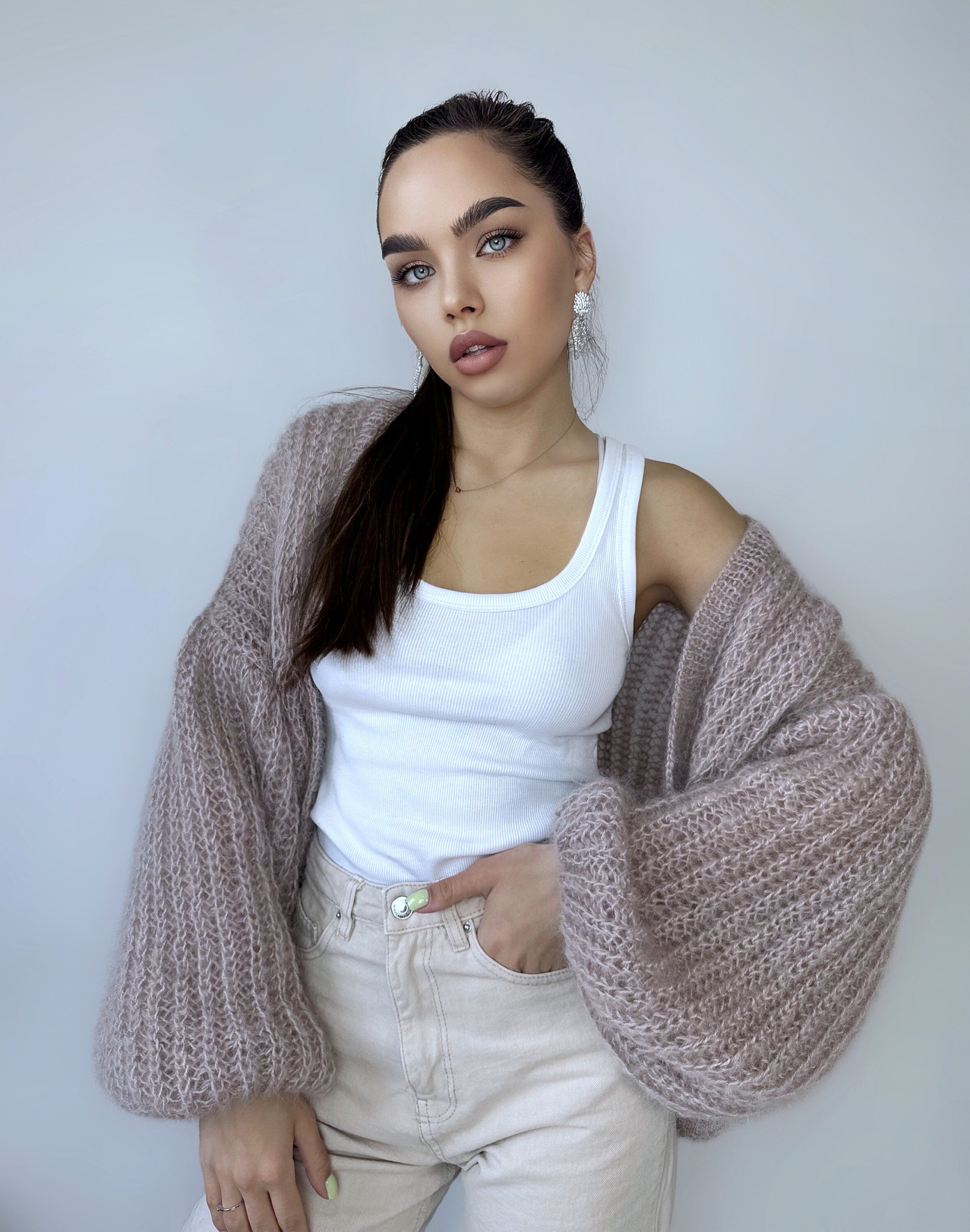 Mohair cardigan women Mohair sweater Beige knitted coat Jacket Women Wedding Bridal shrug bolero wool Fluffy short cardigan Wool bomber