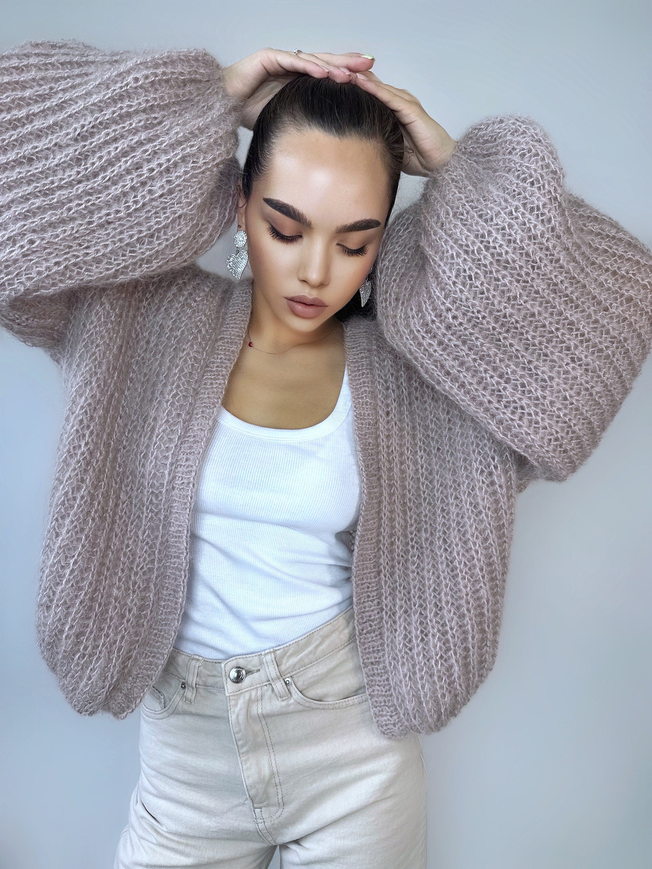 Mohair cardigan women Mohair sweater Beige knitted coat Jacket Women Wedding Bridal shrug bolero wool Fluffy short cardigan Wool bomber