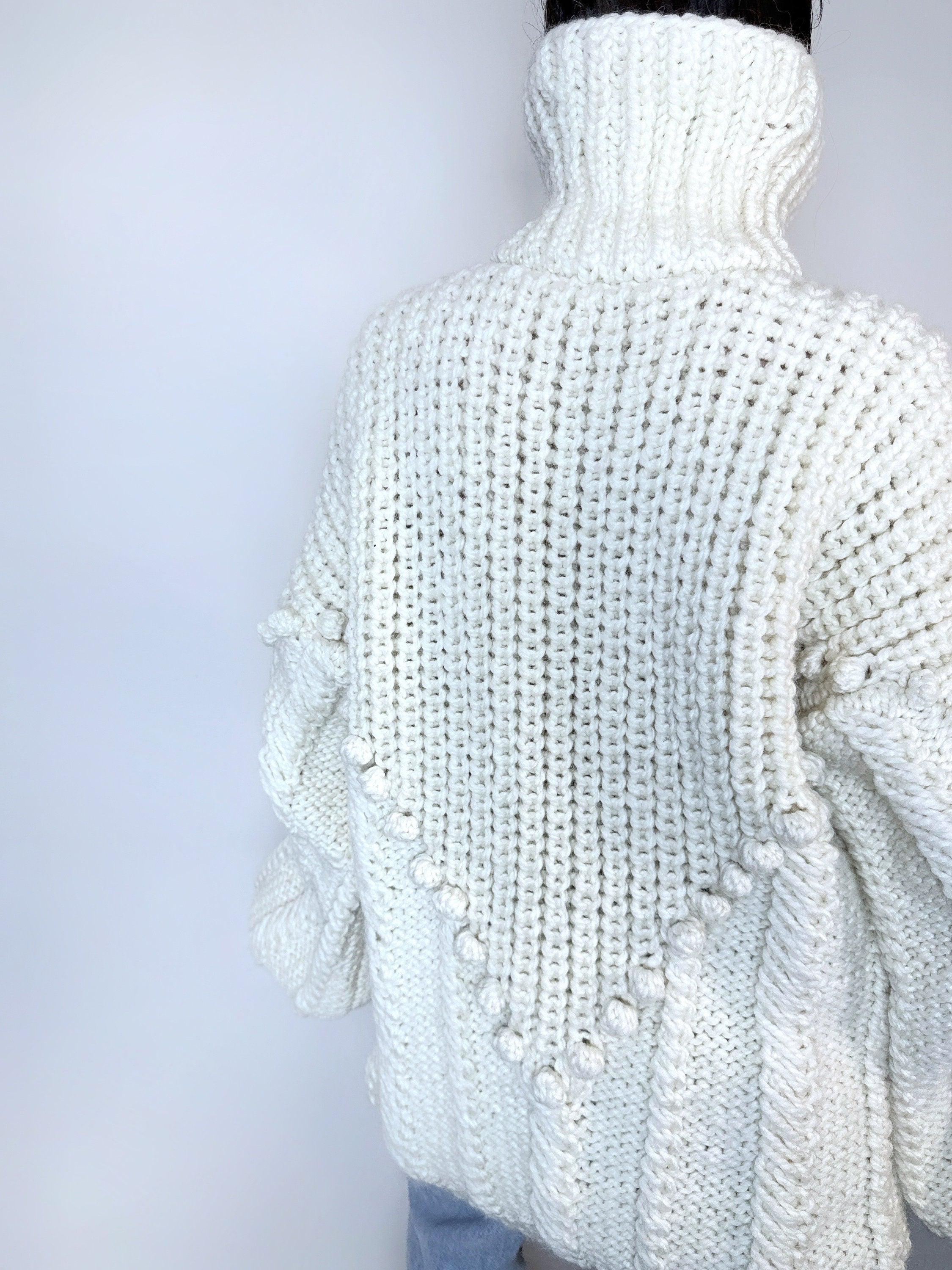 Chunky hand knit Big White Milk Cream alpaca wool sweater Cable knit pullover high collar Knitted turtleneck Super Bulky Sweater dress