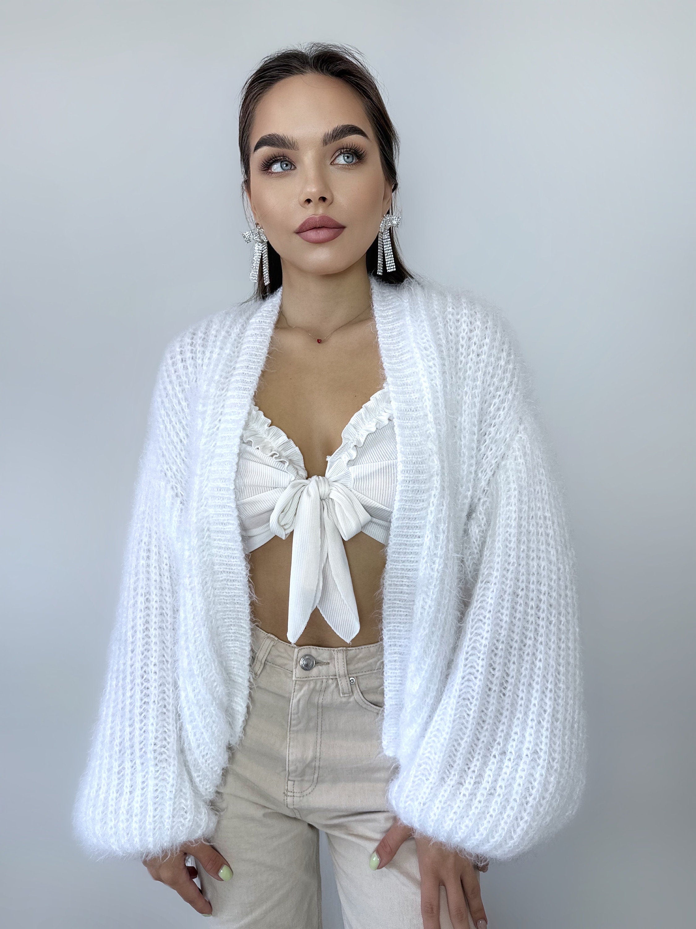 Wool free cardigan women Wedding cardiganWool substitute sweater White knitted coat Jacket Women Bridal shrug bolero Fluffy short cardigan