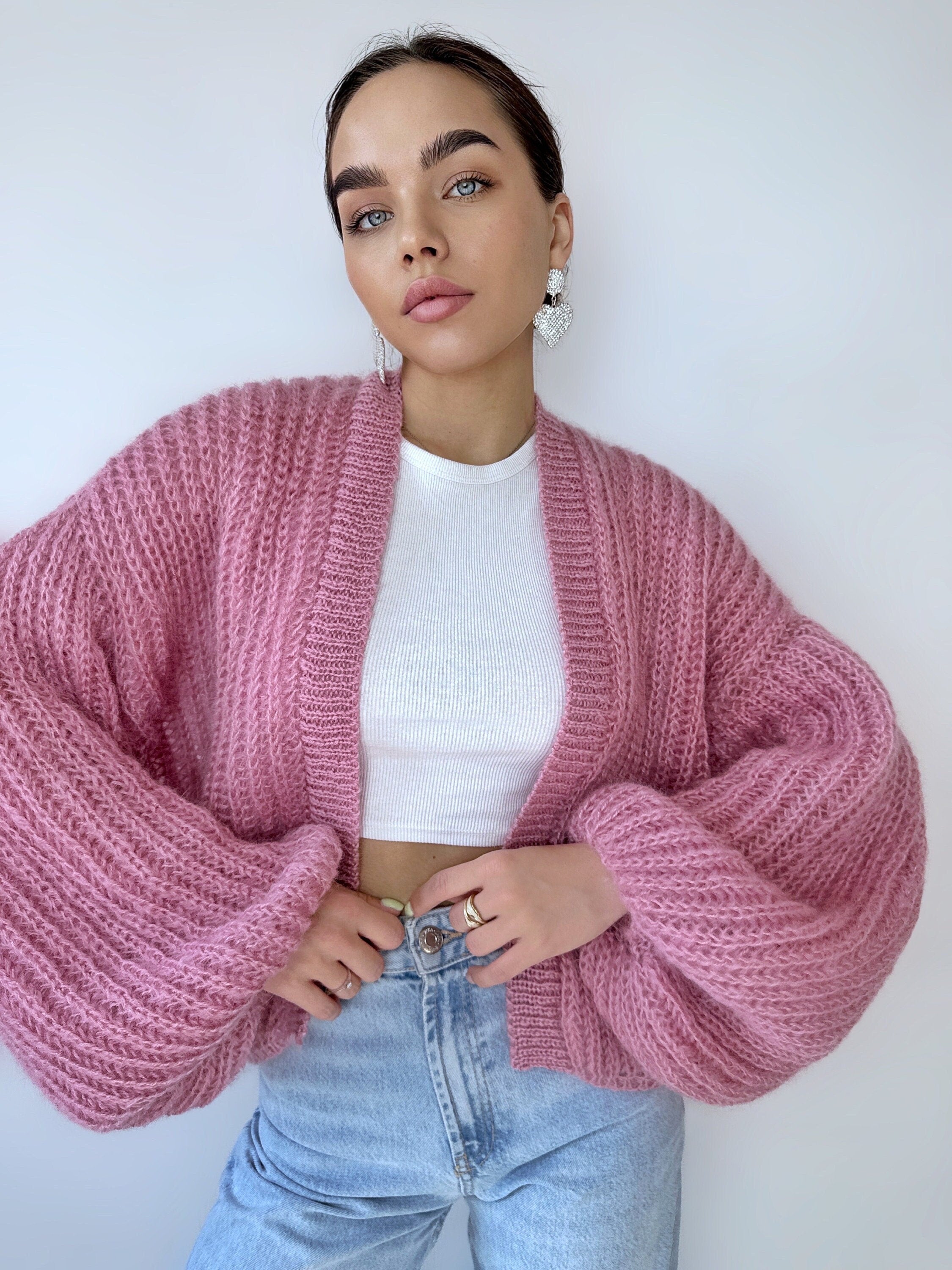 Mohair Powder cardigan women Wedding cardigan Mohair sweater Pink knitted coat Jacket Women Bridal shrug bolero wool Fluffy short cardigan