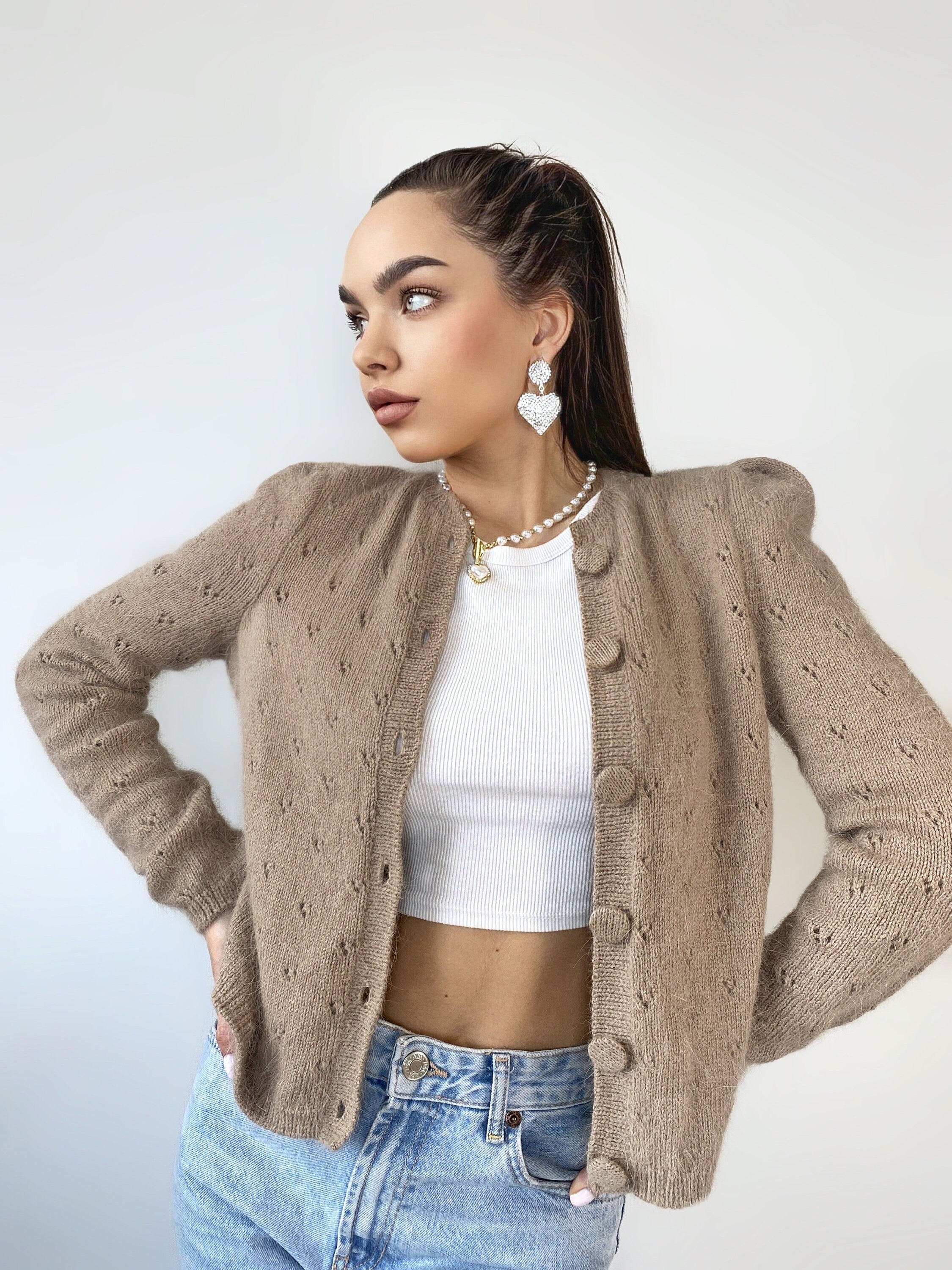 Knit angora cropped cardigan women Wedding vintage cardigan Angora sweater Beige knitted coat Jacket Wool bolero buttons Fluffy cardigan