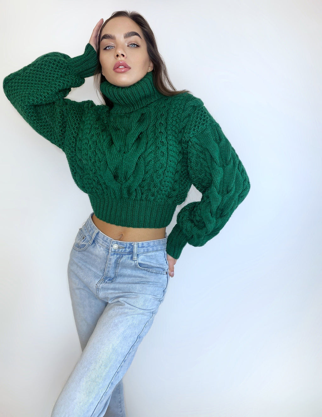 Crop hand knitted green emerald sweater Chunky Knit Turtleneck Oversized Pullover Women's Cable knit Jumper merino wool winter sweater