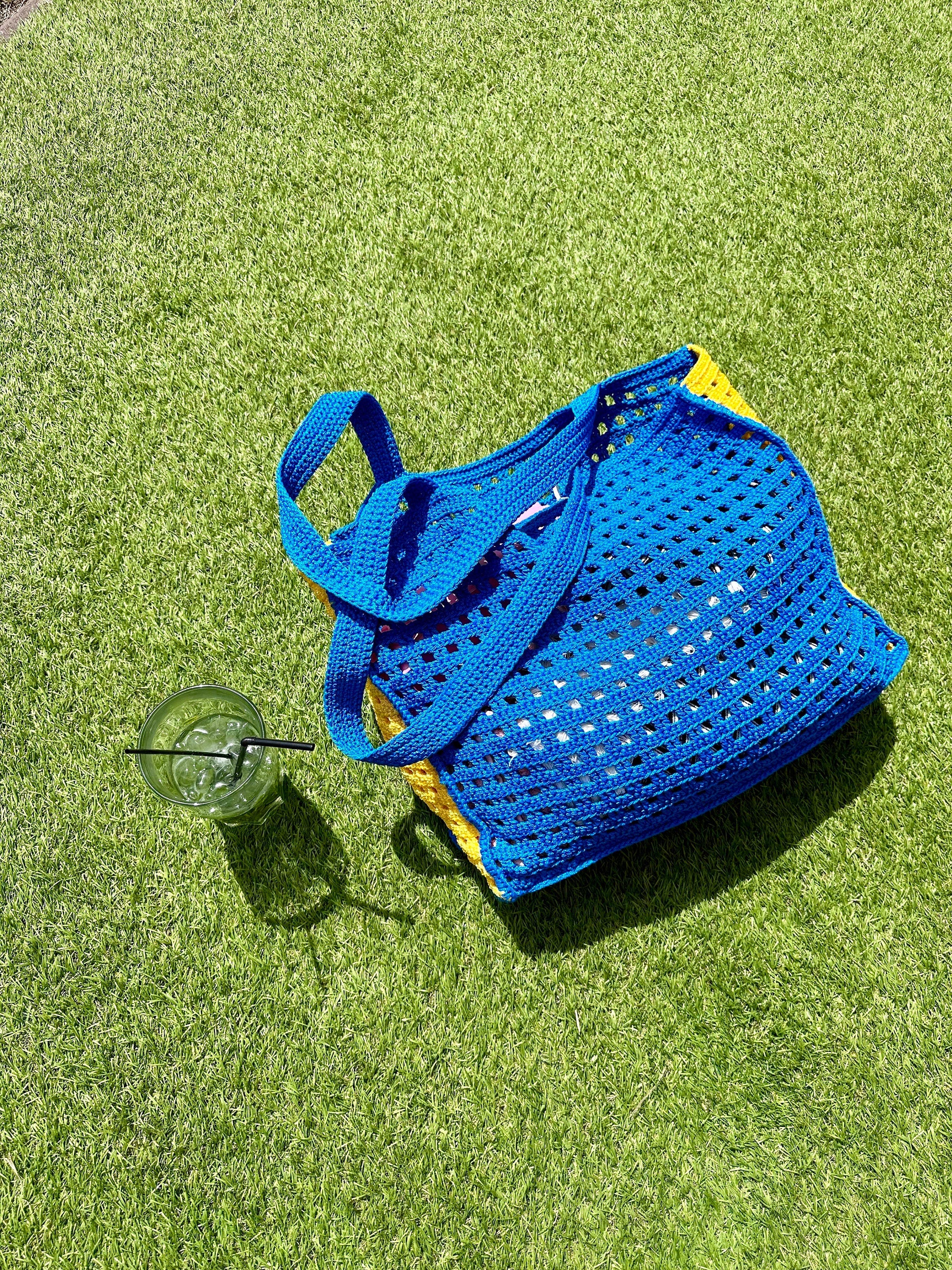 Crochet tote bag hanmade purse Market blue yellow bag Bongbong Net Farmers market bag Beachy boho bag Crochet produce bag Crochet tote bag