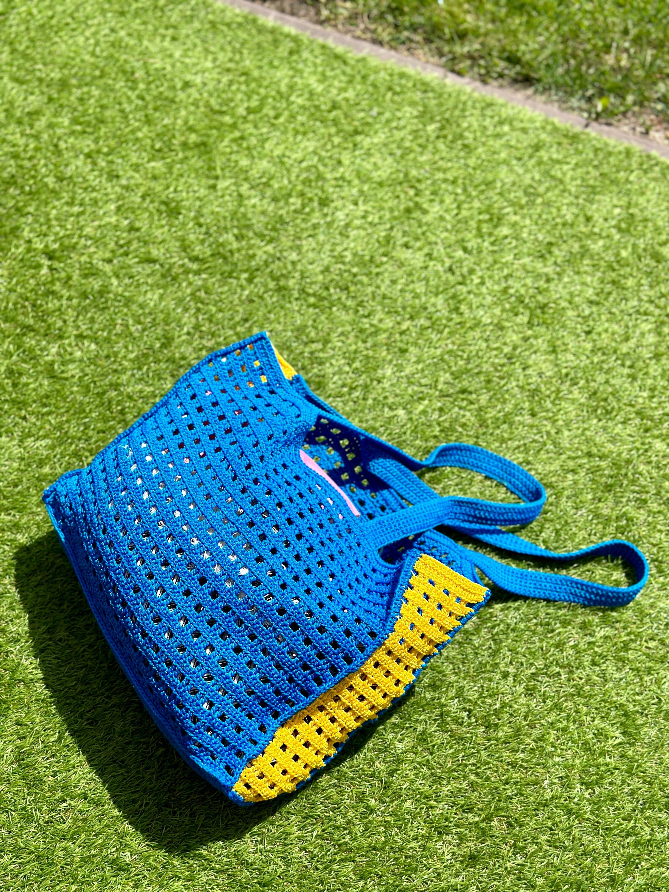 Crochet tote bag hanmade purse Market blue yellow bag Bongbong Net Farmers market bag Beachy boho bag Crochet produce bag Crochet tote bag