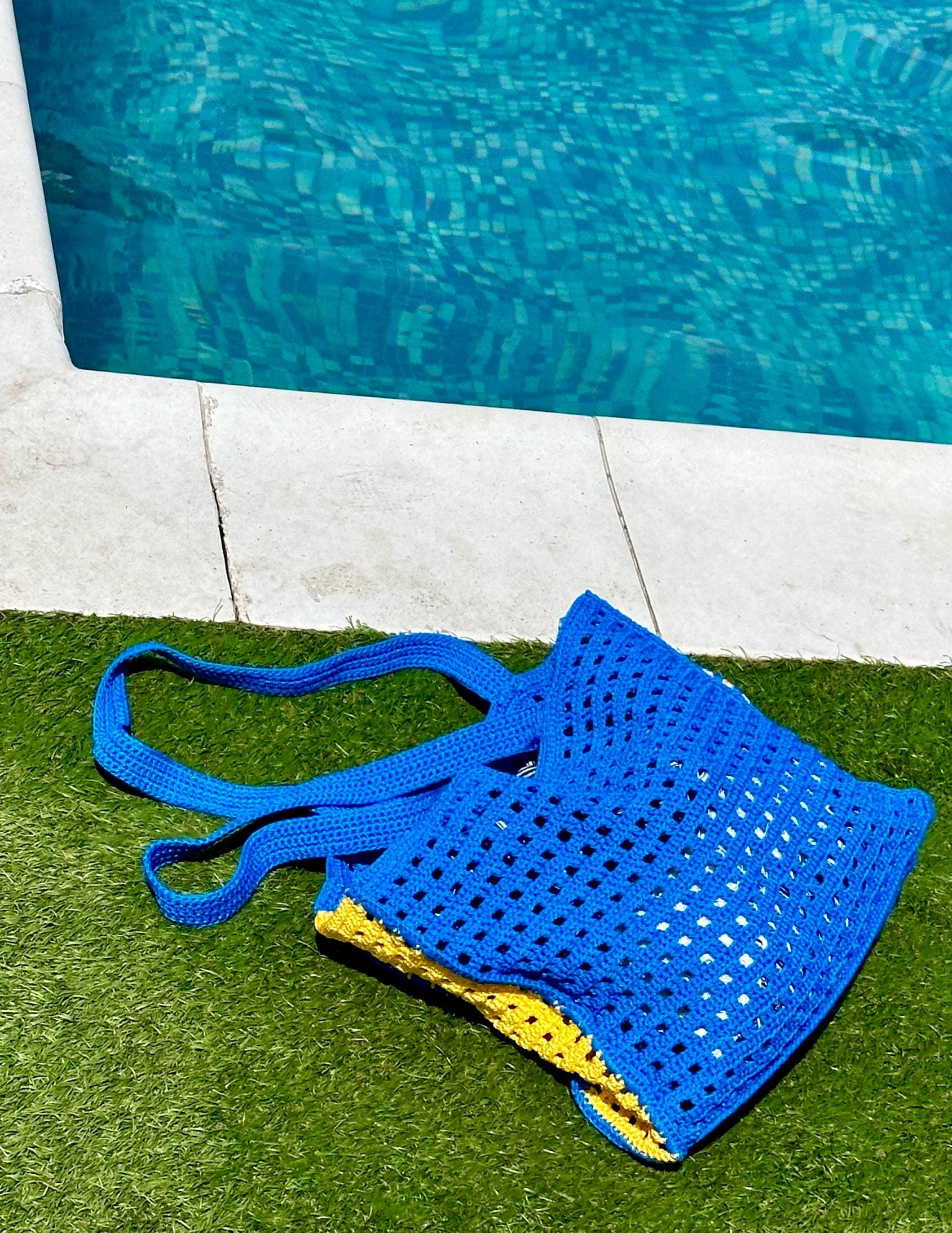 Crochet tote bag hanmade purse Market blue yellow bag Bongbong Net Farmers market bag Beachy boho bag Crochet produce bag Crochet tote bag