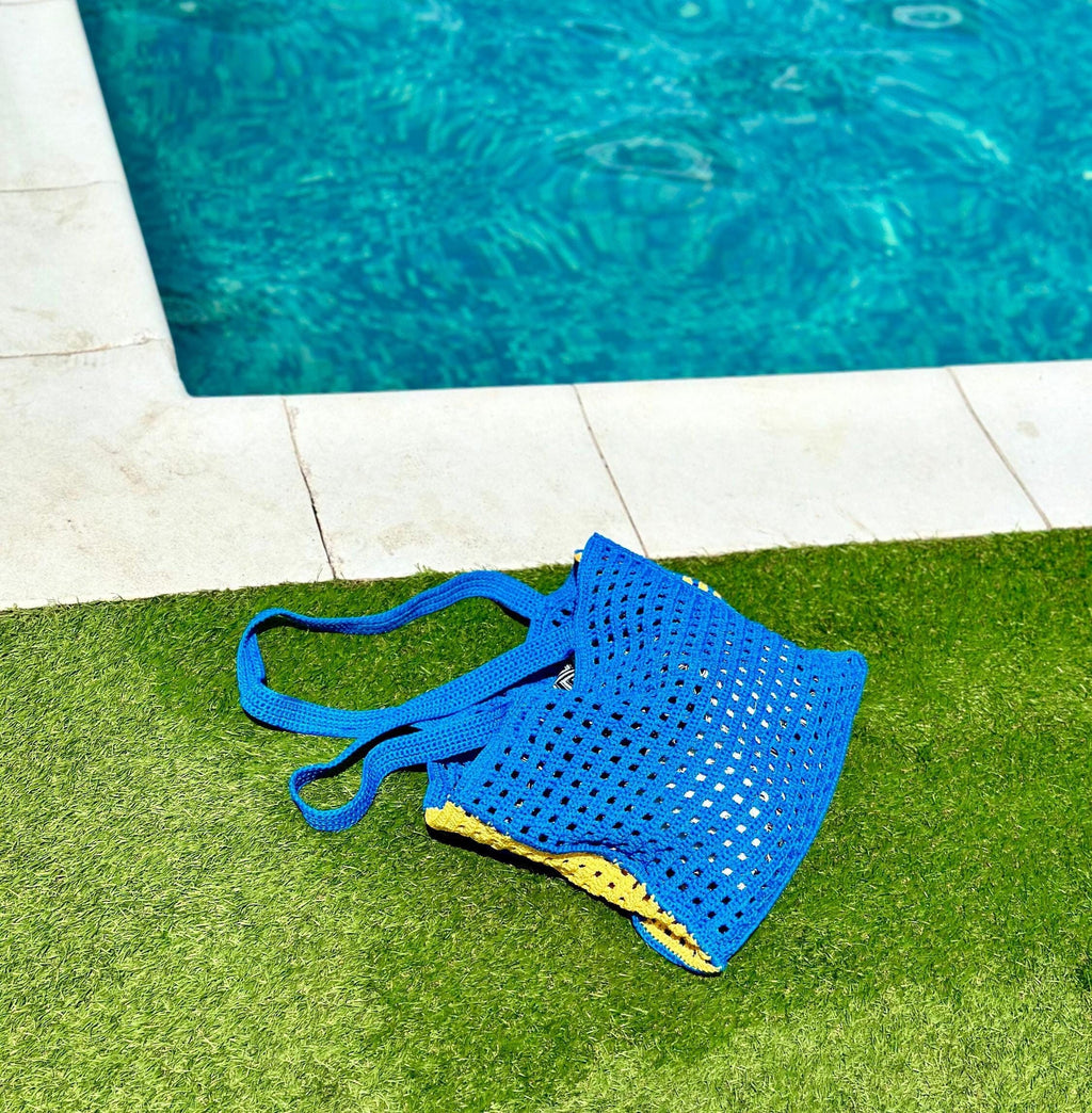 Crochet tote bag hanmade purse Market blue yellow bag Bongbong Net Farmers market bag Beachy boho bag Crochet produce bag Crochet tote bag