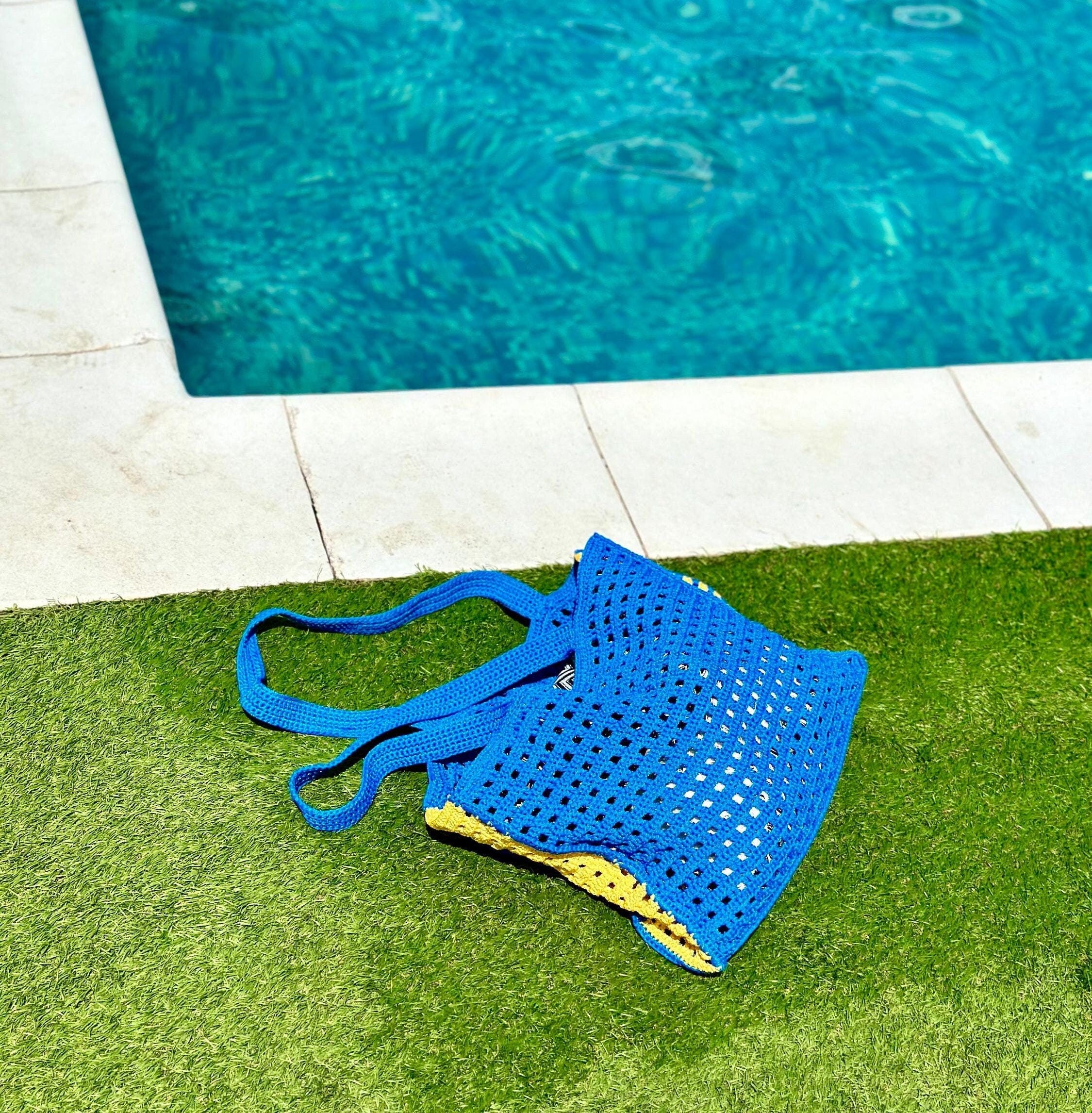 Crochet tote bag hanmade purse Market blue yellow bag Bongbong Net Farmers market bag Beachy boho bag Crochet produce bag Crochet tote bag