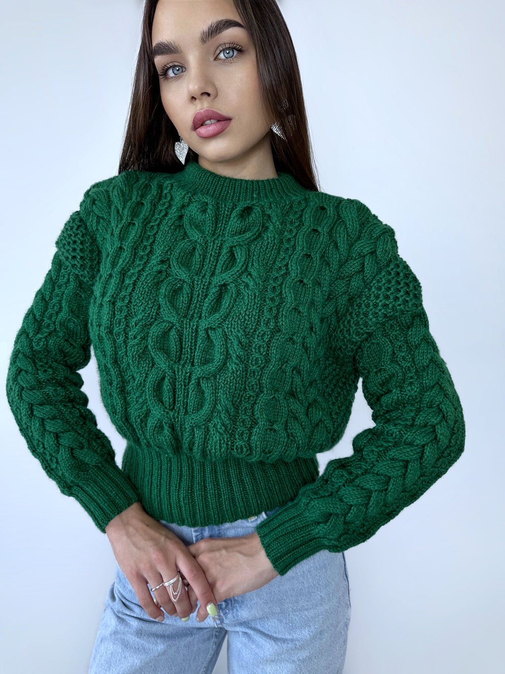 Dark pink crop soft merino wool mixture knitted Sweater Women Hand Knitted Jumper Cable Loose Knit Oversized High Waist Knitted Sweater