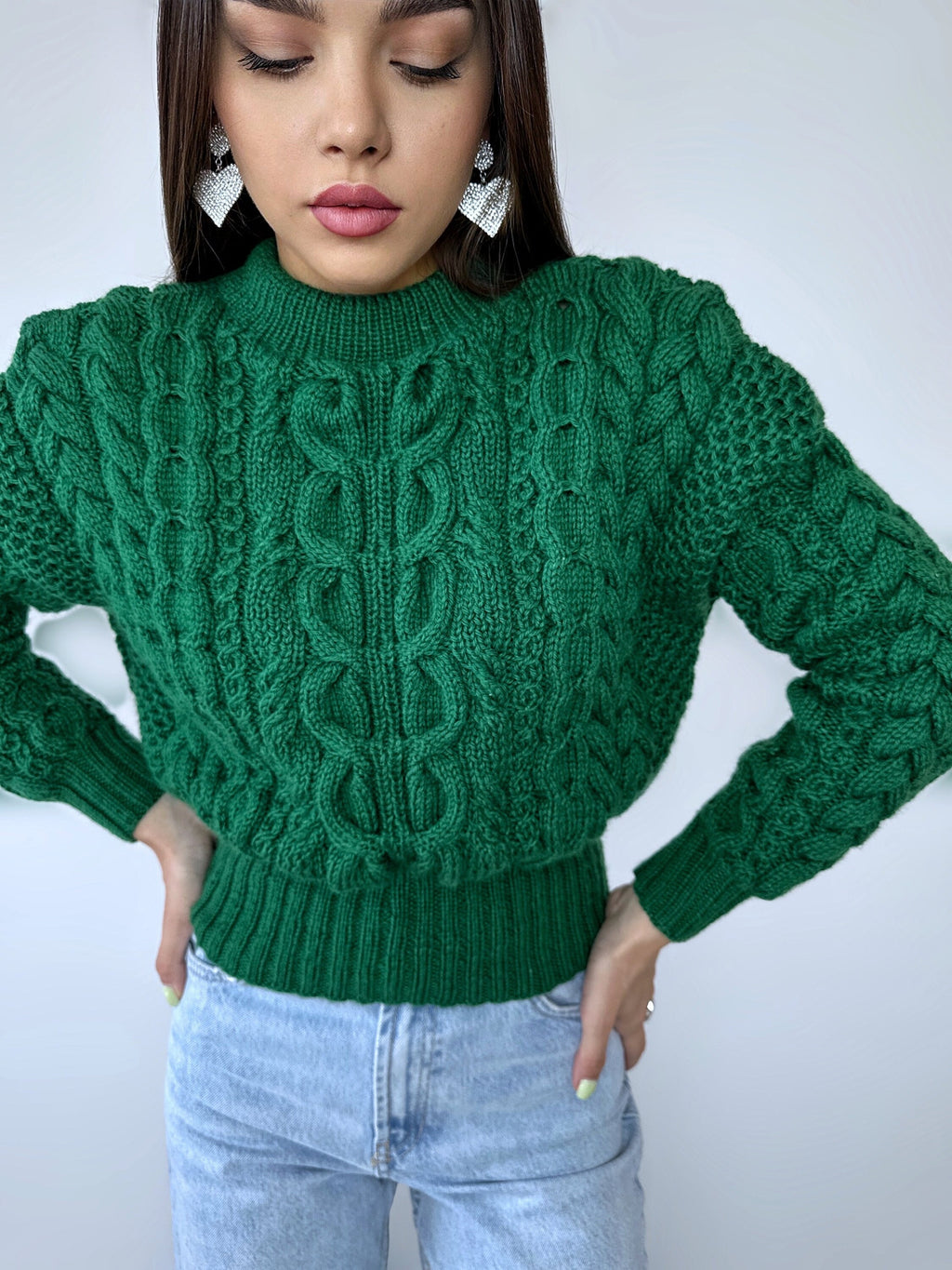 Dark pink crop soft merino wool mixture knitted Sweater Women Hand Knitted Jumper Cable Loose Knit Oversized High Waist Knitted Sweater