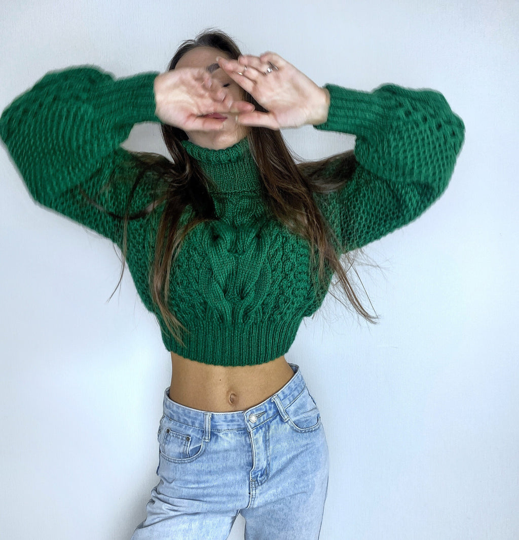 Crop hand knitted green emerald sweater Chunky Knit Turtleneck Oversized Pullover Women's Cable knit Jumper merino wool winter sweater