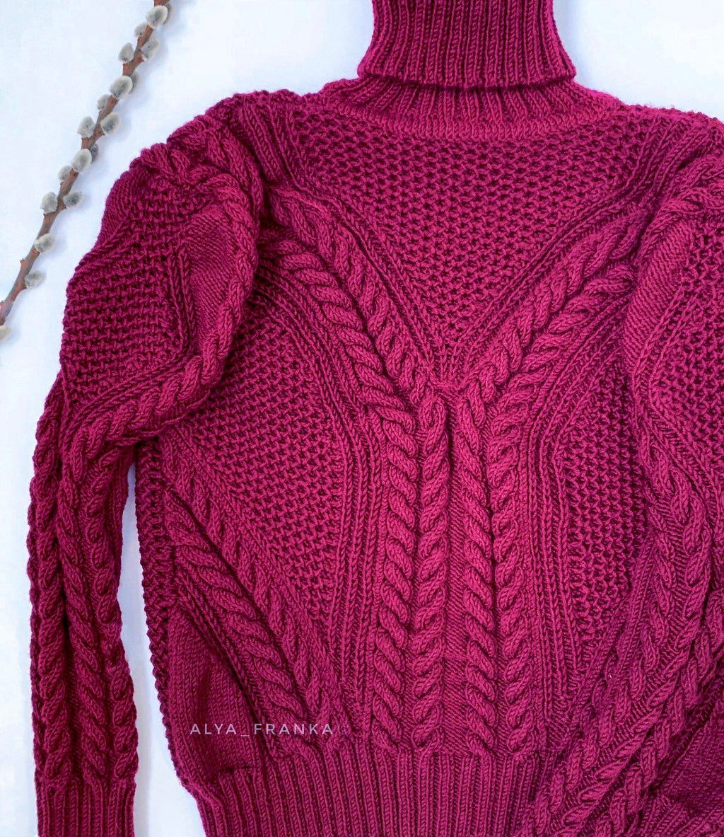 Hand Knitted Burgundy Soft Merino wool Sweater Women Wool Turtleneck Pullover Fisherman Aran Cable Knit Turtle NeckJumper Ireland sweater