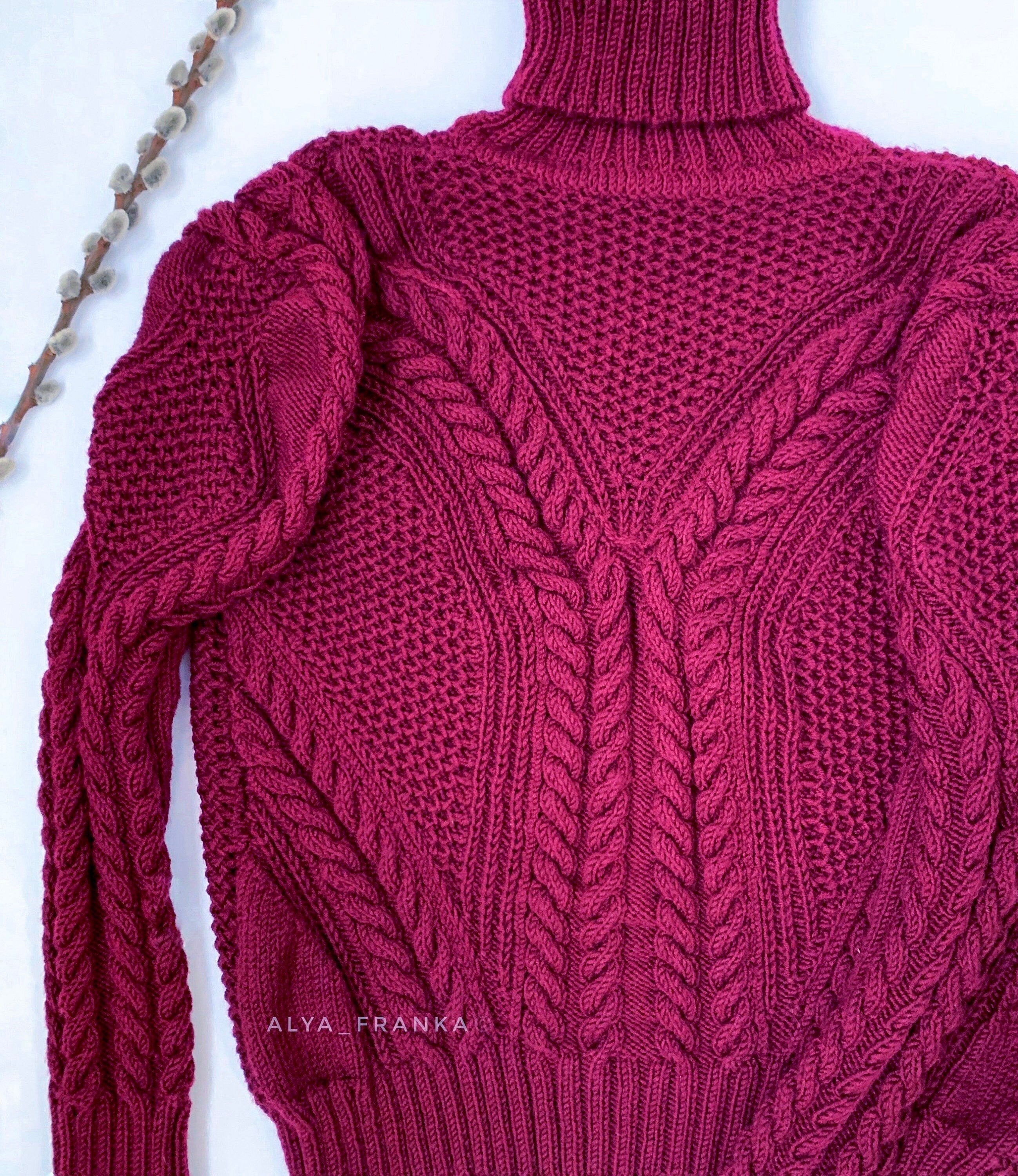 Hand Knitted Burgundy Soft Merino wool Sweater Women Wool Turtleneck Pullover Fisherman Aran Cable Knit Turtle NeckJumper Ireland sweater