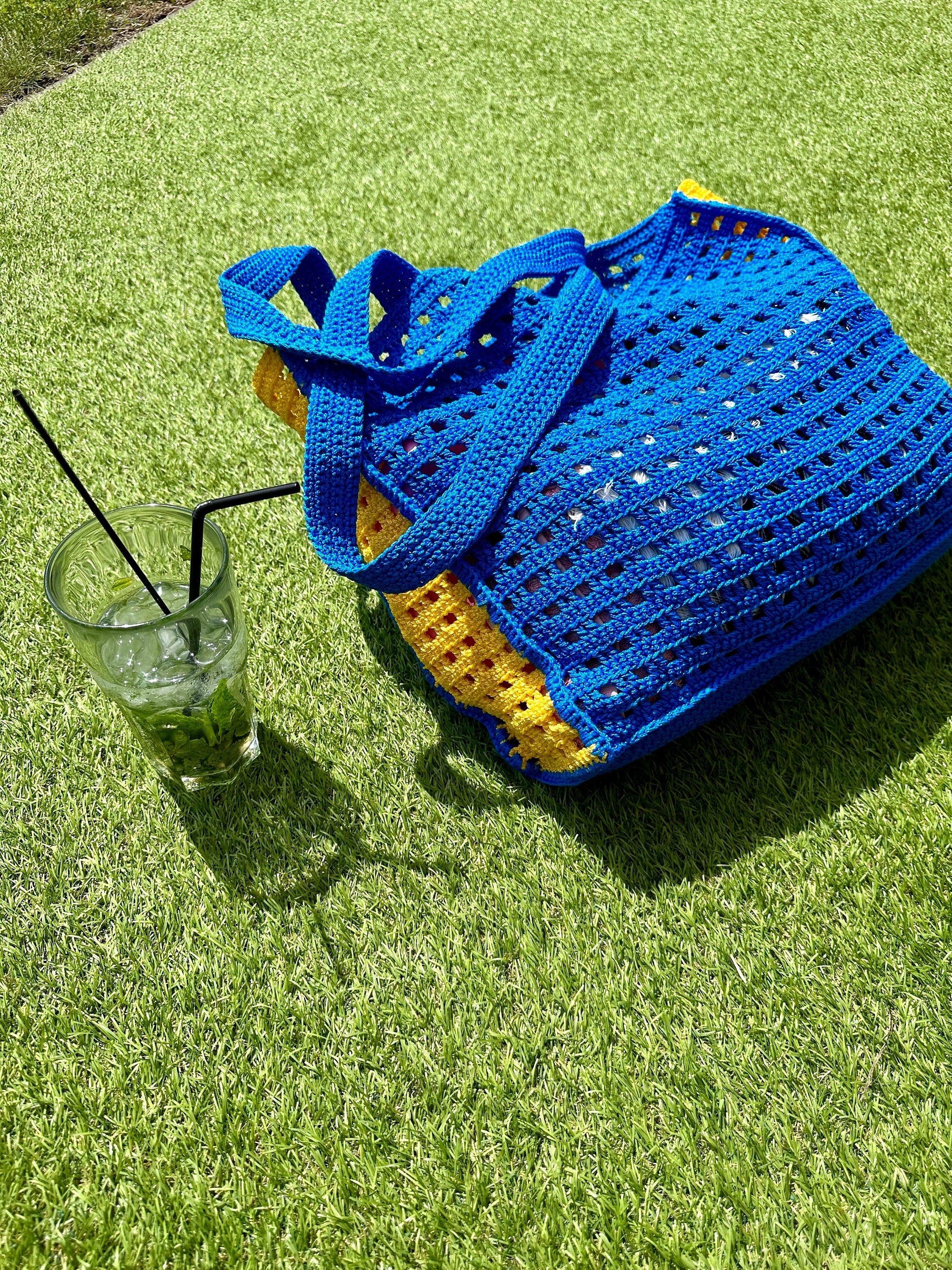 Crochet tote bag hanmade purse Market blue yellow bag Bongbong Net Farmers market bag Beachy boho bag Crochet produce bag Crochet tote bag