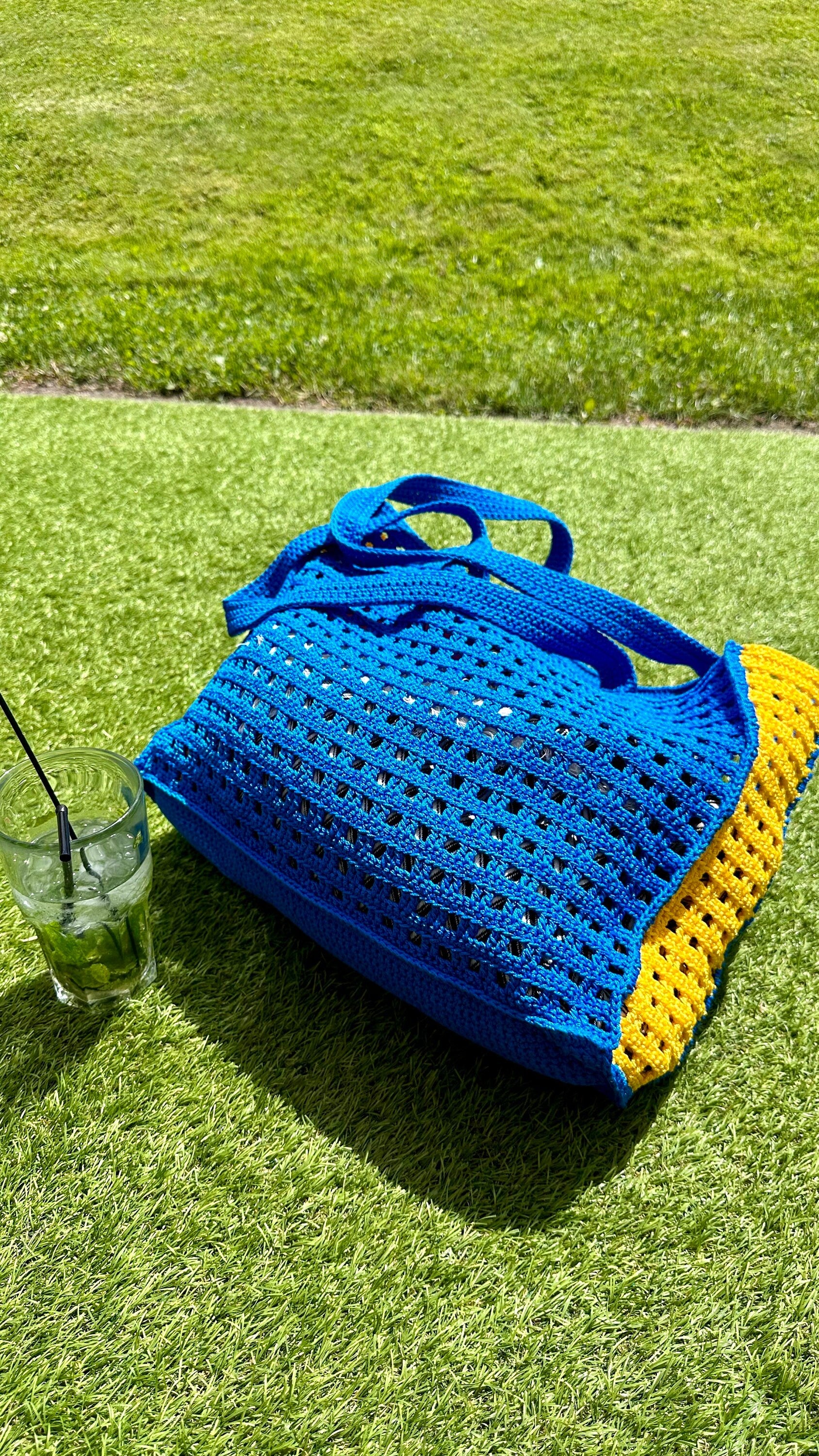 Crochet tote bag hanmade purse Market blue yellow bag Bongbong Net Farmers market bag Beachy boho bag Crochet produce bag Crochet tote bag