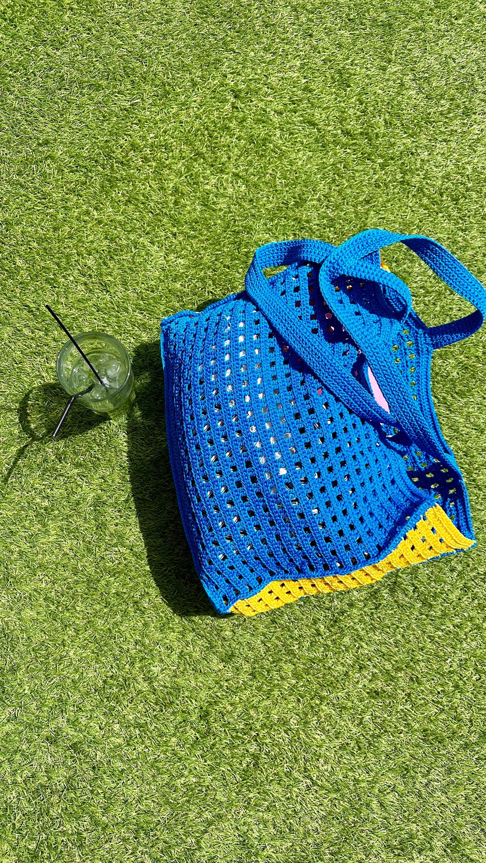 Crochet tote bag hanmade purse Market blue yellow bag Bongbong Net Farmers market bag Beachy boho bag Crochet produce bag Crochet tote bag