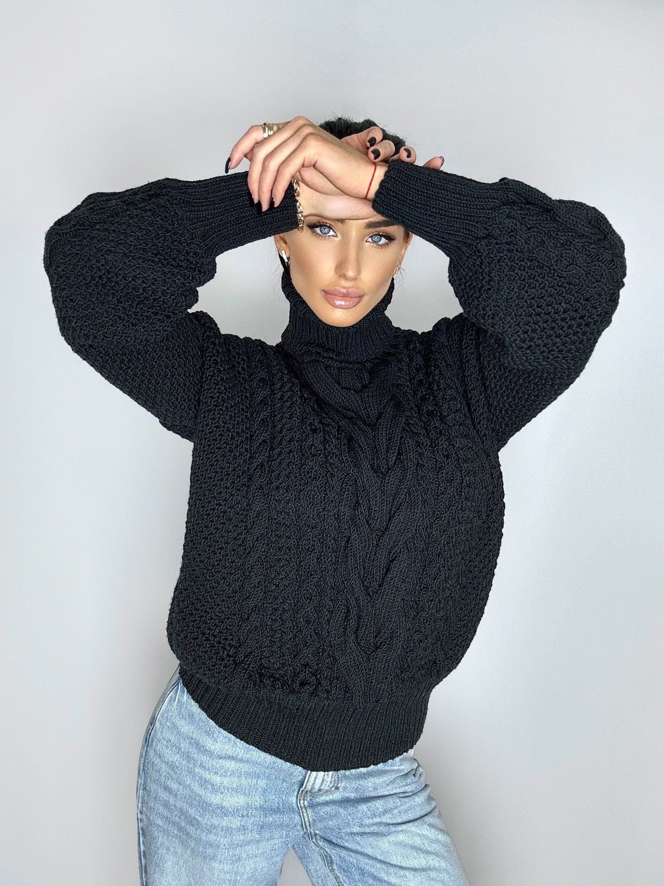 Knit black merino wool sweater Soft holiday sweater Chunky Knit Turtleneck Oversize Pullover Womens Cable knit Jumper Vintage winter sweater