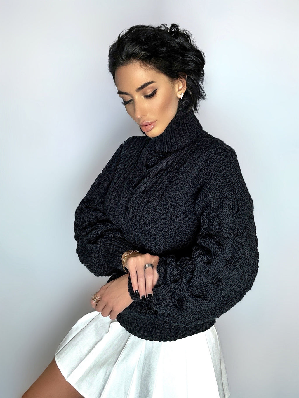 Knit black merino wool sweater Soft holiday sweater Chunky Knit Turtleneck Oversize Pullover Womens Cable knit Jumper Vintage winter sweater