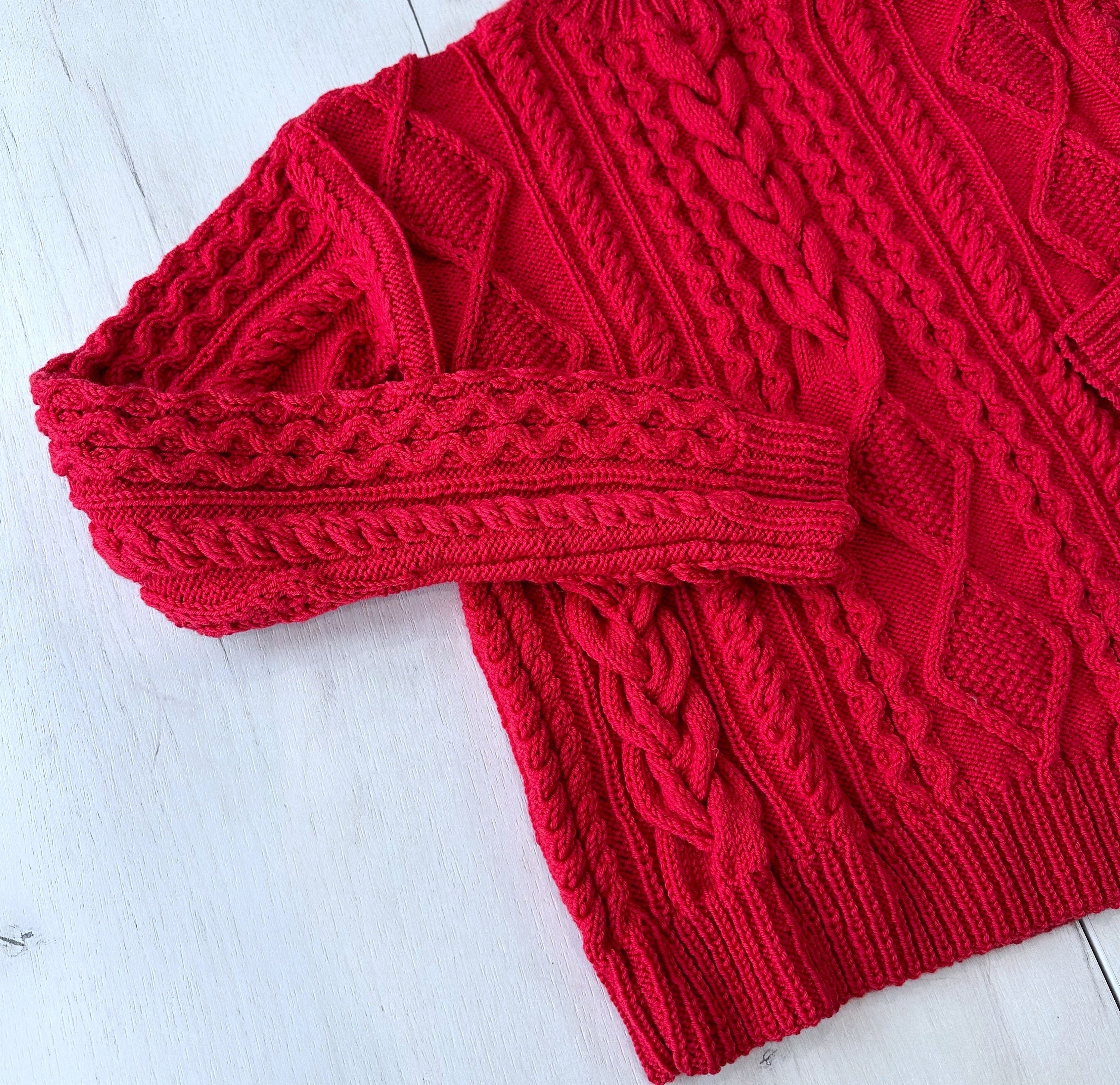 Hand Knitted Red Merino Wool Scandinavian Sweater Chunky knit turtleneck pullover Oversize crop sweater Women cable knit sweater White Beige