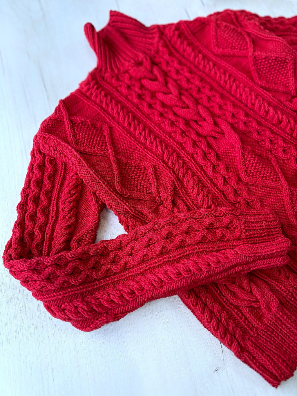 Hand Knitted Red Merino Wool Scandinavian Sweater Chunky knit turtleneck pullover Oversize crop sweater Women cable knit sweater White Beige