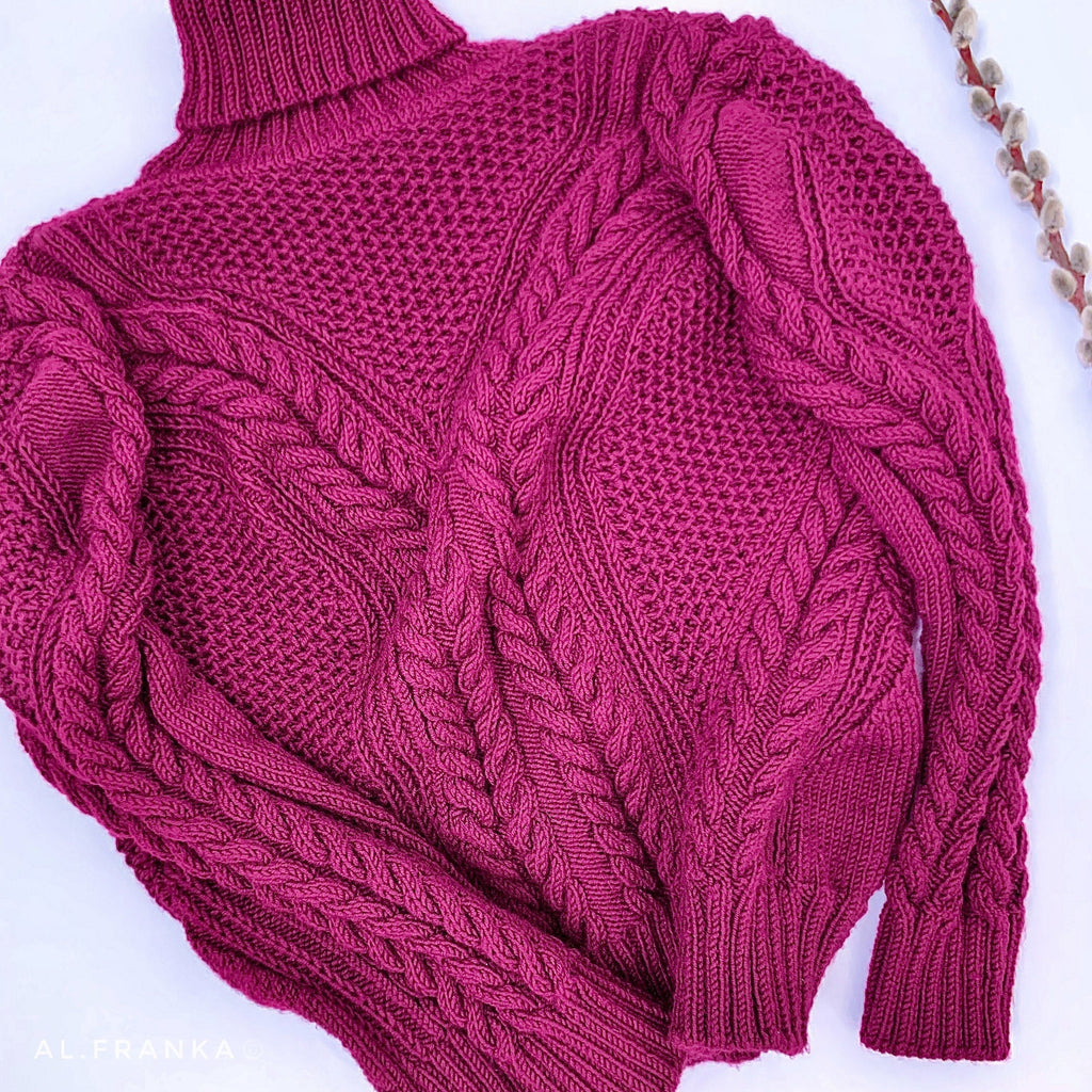 Hand Knitted Burgundy Soft Merino wool Sweater Women Wool Turtleneck Pullover Fisherman Aran Cable Knit Turtle NeckJumper Ireland sweater