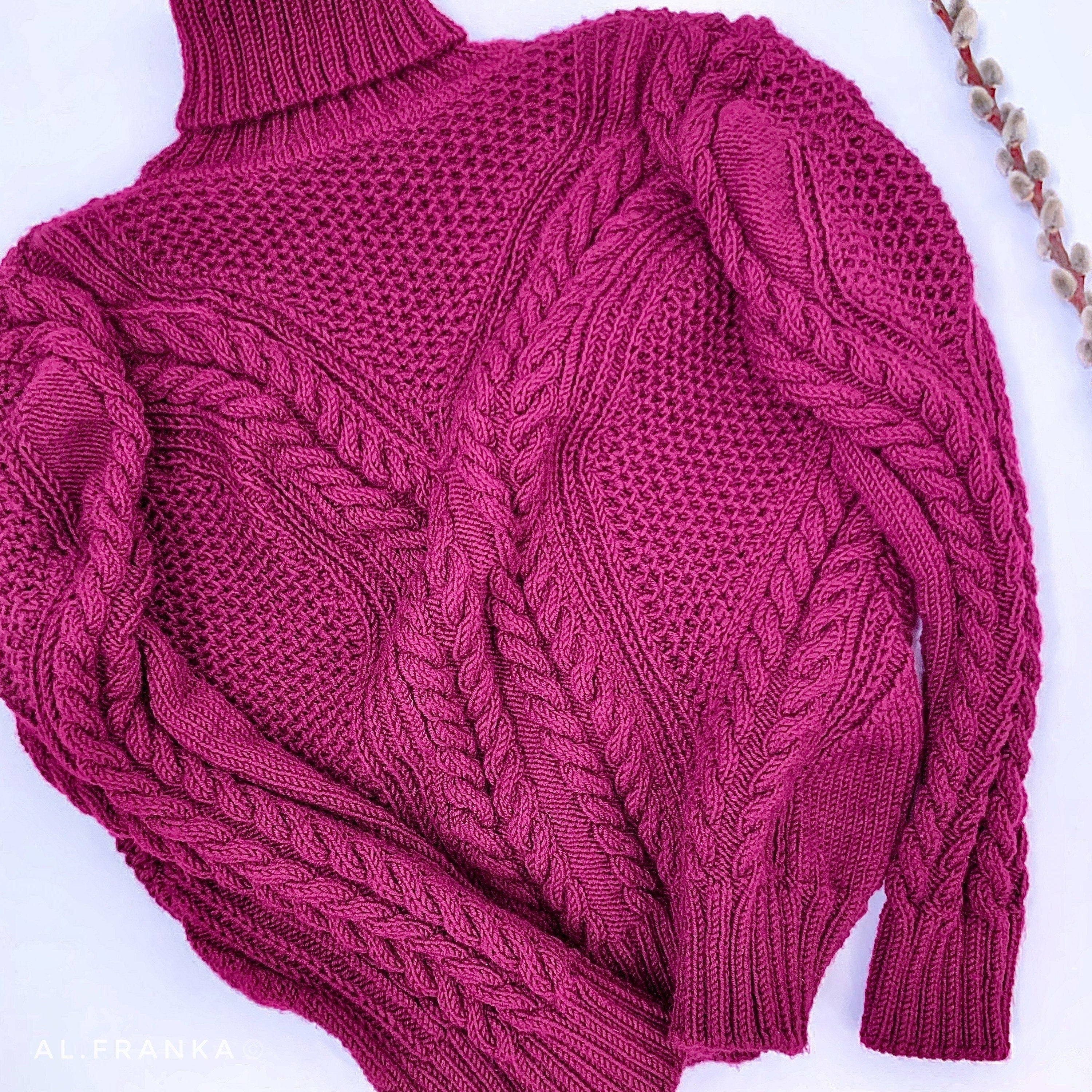 Hand Knitted Burgundy Soft Merino wool Sweater Women Wool Turtleneck Pullover Fisherman Aran Cable Knit Turtle NeckJumper Ireland sweater