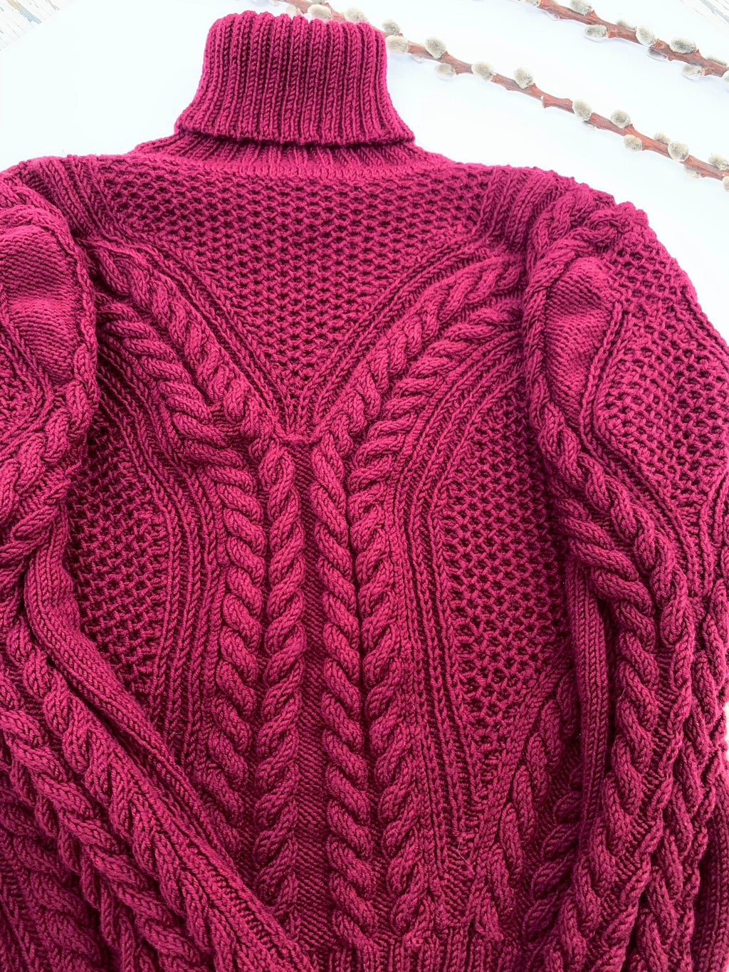 Hand Knitted Burgundy Soft Merino wool Sweater Women Wool Turtleneck Pullover Fisherman Aran Cable Knit Turtle NeckJumper Ireland sweater