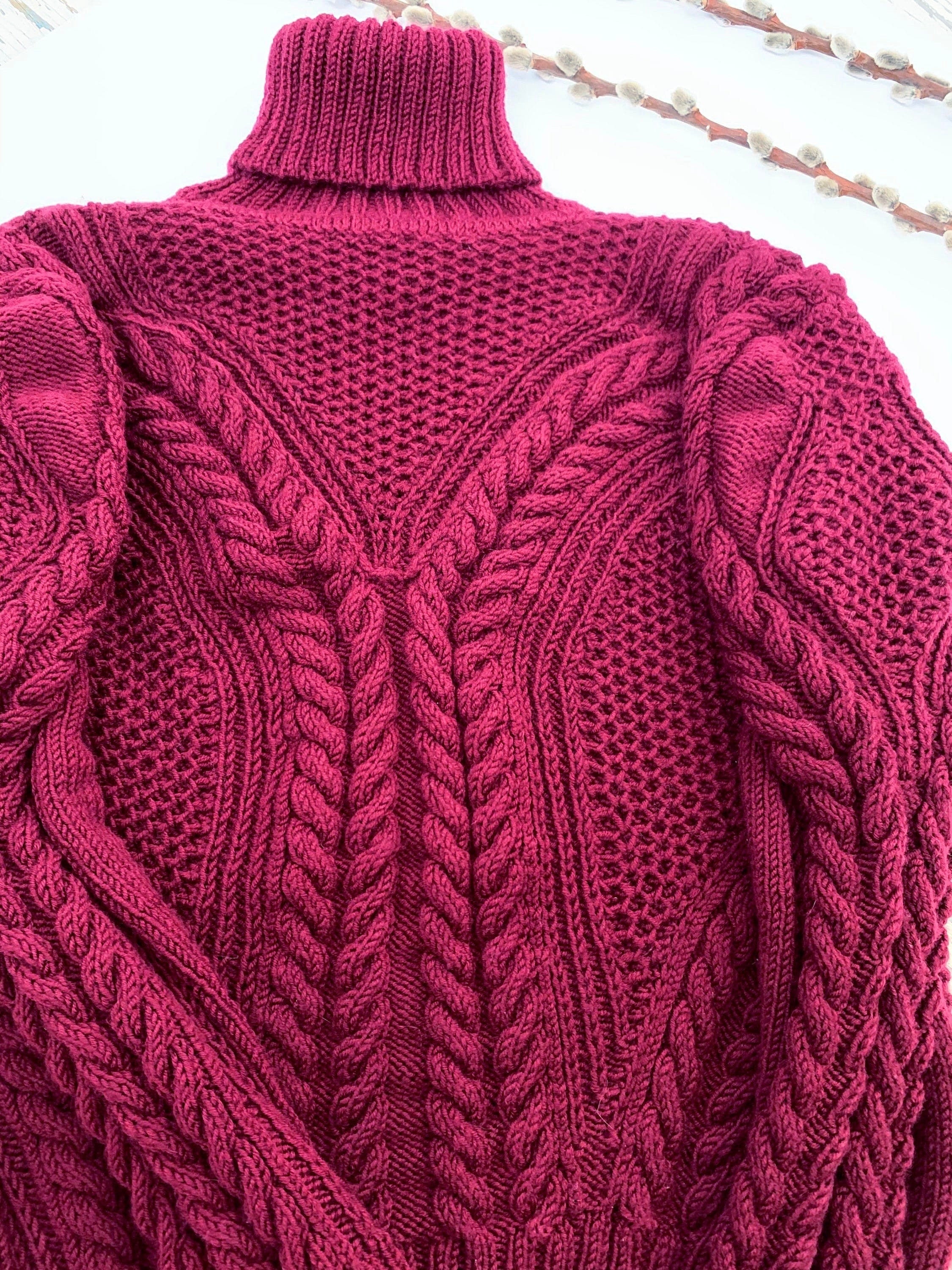 Hand Knitted Burgundy Soft Merino wool Sweater Women Wool Turtleneck Pullover Fisherman Aran Cable Knit Turtle NeckJumper Ireland sweater