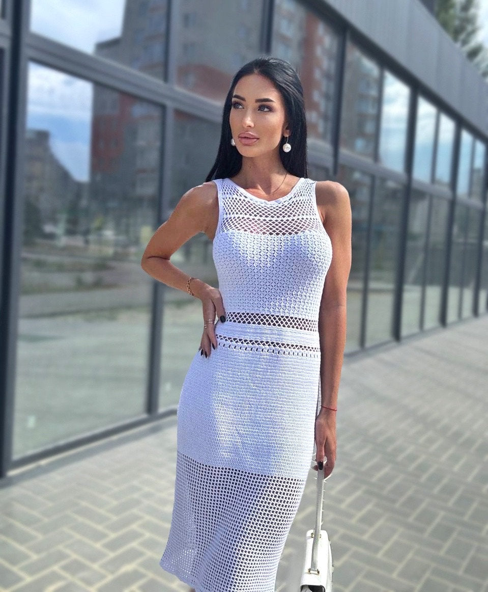Crochet white summer cotton sleeveless ress women Crochet Pencil Dress with Buttons Knee Length Midi Summer dress top with Wide Straps